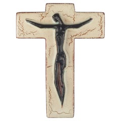European Ceramic Crucifix in Black, Brown, Beige, 1960s
