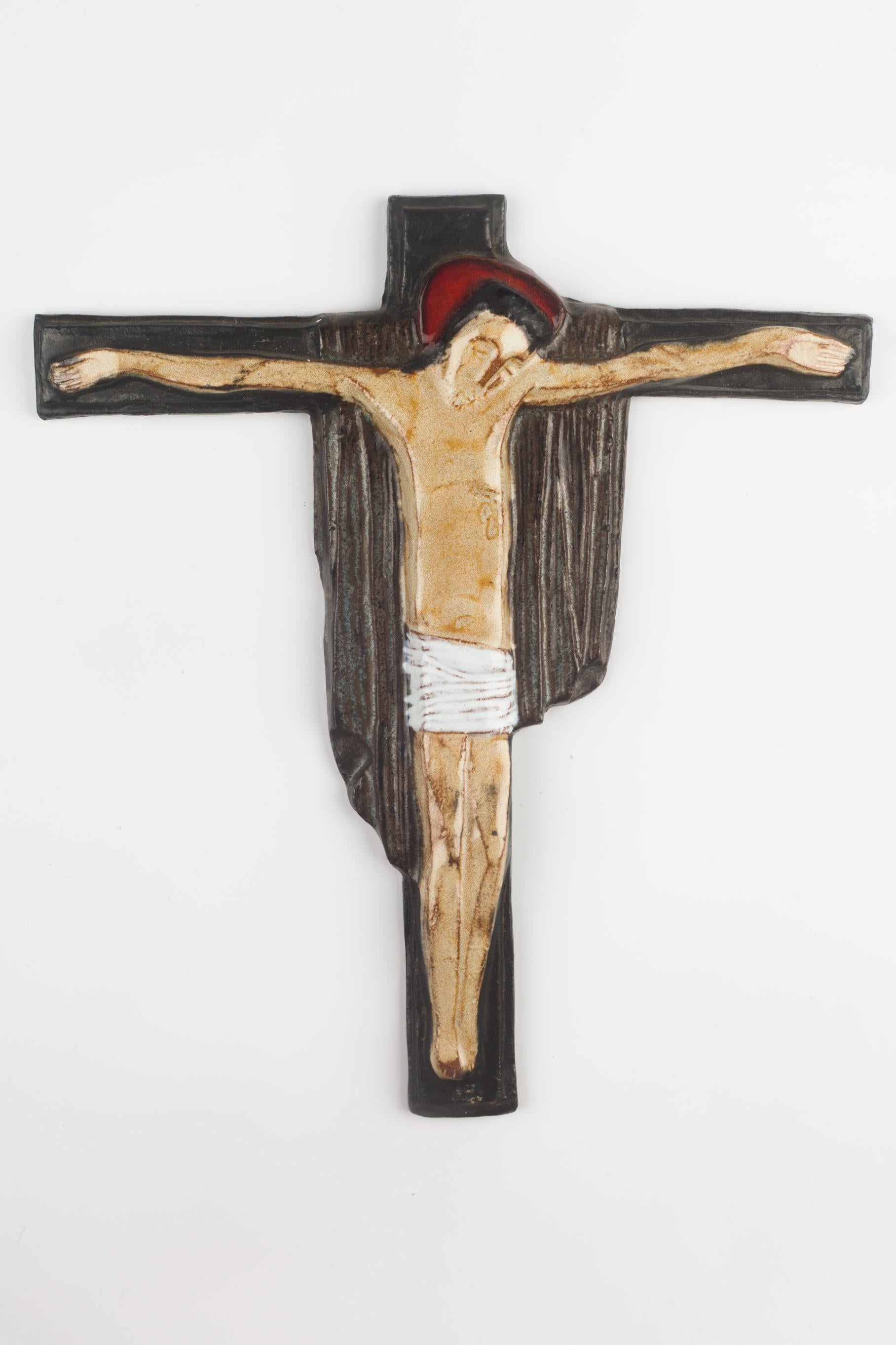 Arts and Crafts European Ceramic Crucifix in Brown, Red, White, 1960s