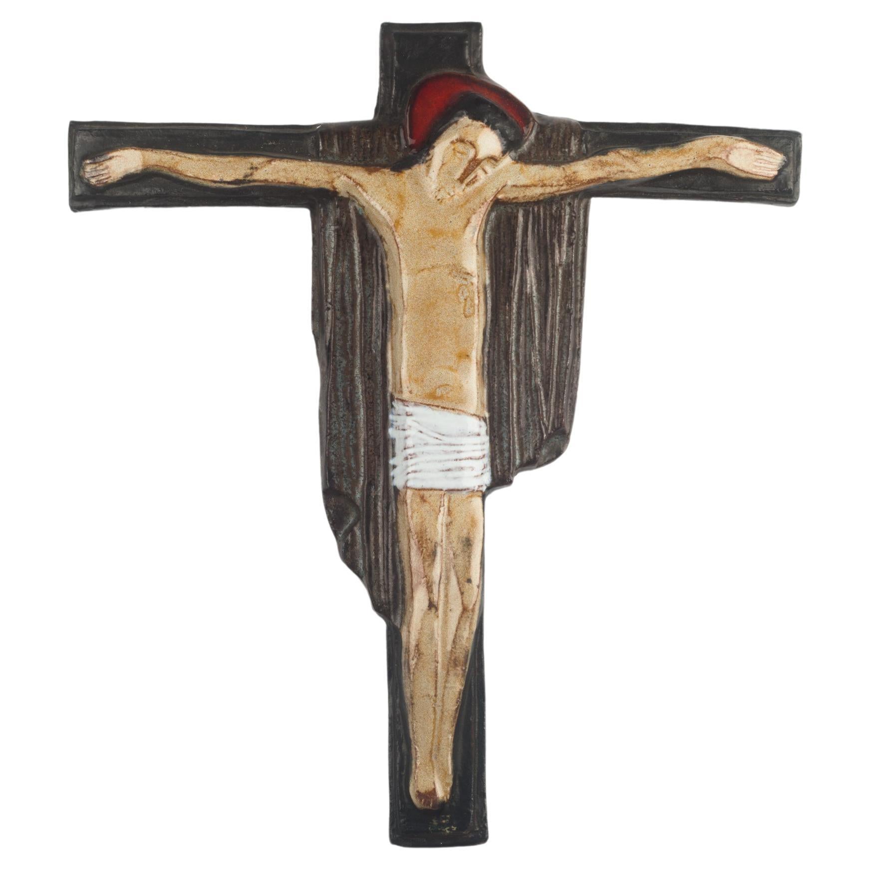 European Ceramic Crucifix in Brown, Red, White, 1960s