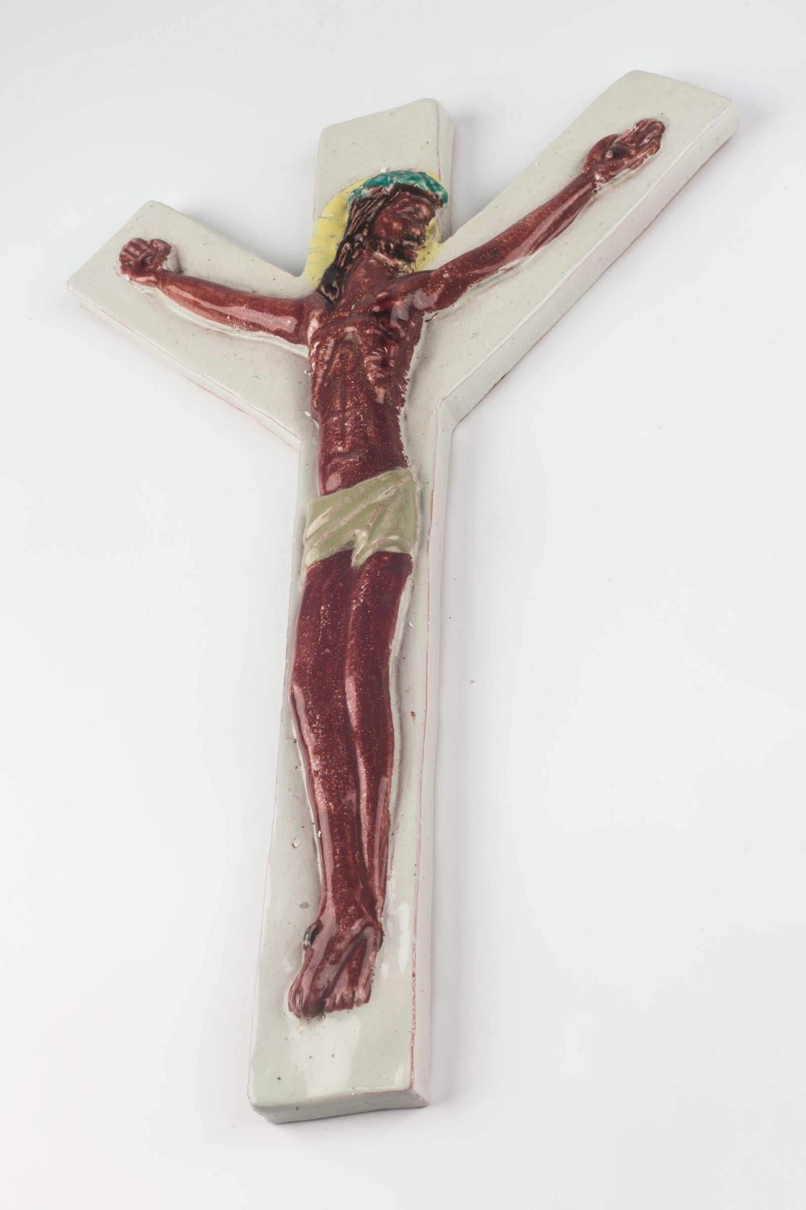 Bohemian European Ceramic Crucifix in Brown, Yellow, Teal, White, 1970s