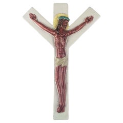 European Ceramic Crucifix in Brown, Yellow, Teal, White, 1970s