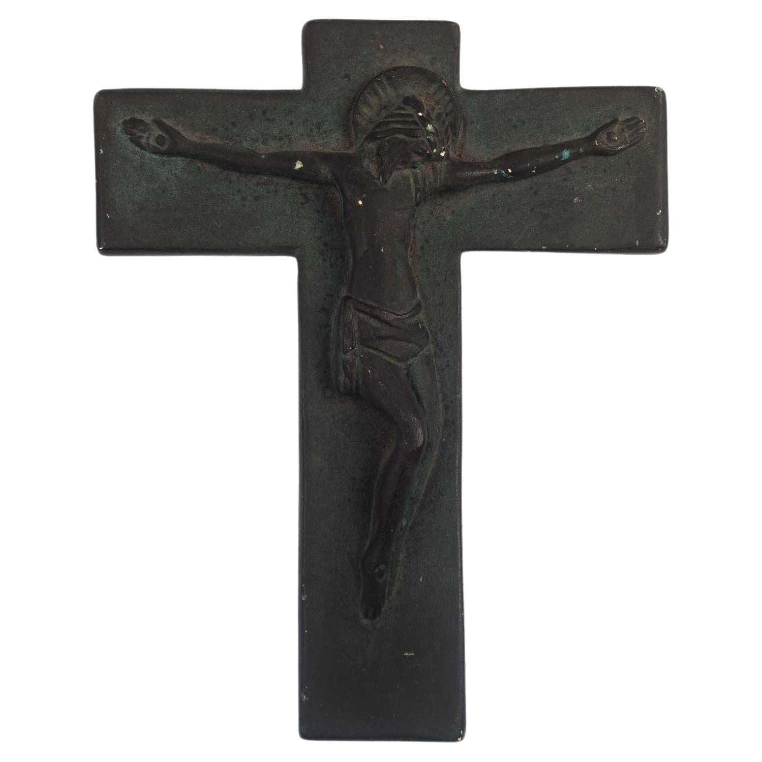 European Ceramic Crucifix in Matte Charcoal, 1960s