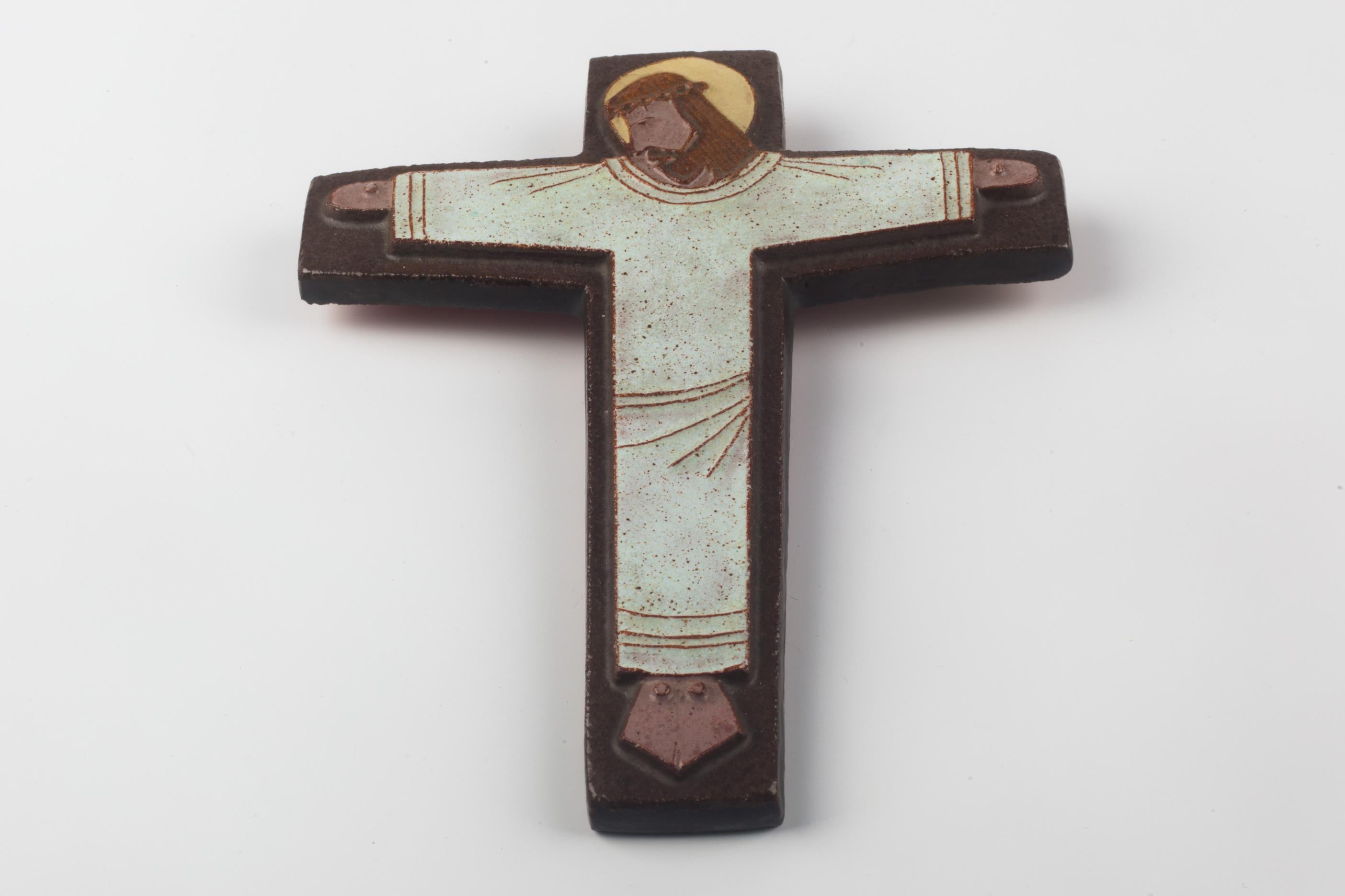 Bohemian European Ceramic Crucifix in Red, Brown, Yellow, 1960s