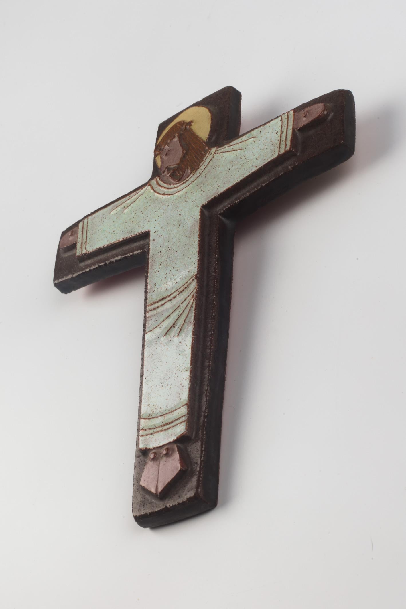 European Ceramic Crucifix in Red, Brown, Yellow, 1960s In Good Condition In Chicago, IL