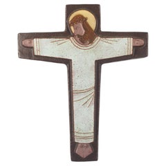 European Ceramic Crucifix in Red, Brown, Yellow, 1960s