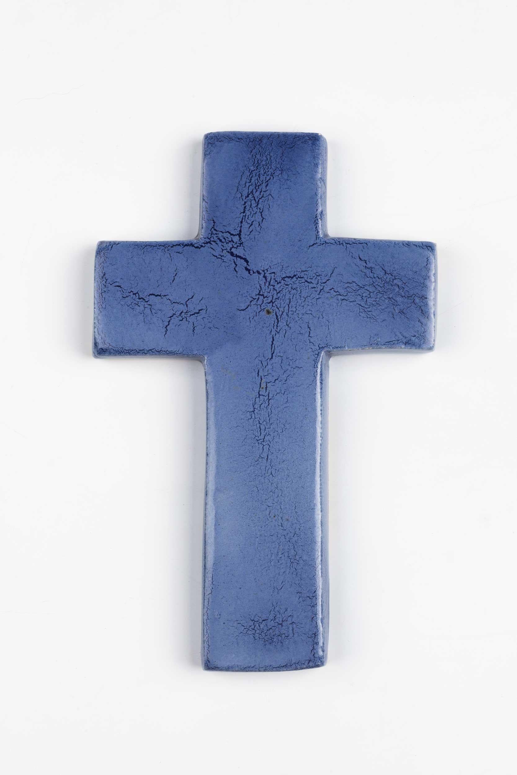 Mid-Century Modern European Ceramic Crucifix, Indigo, 1970s