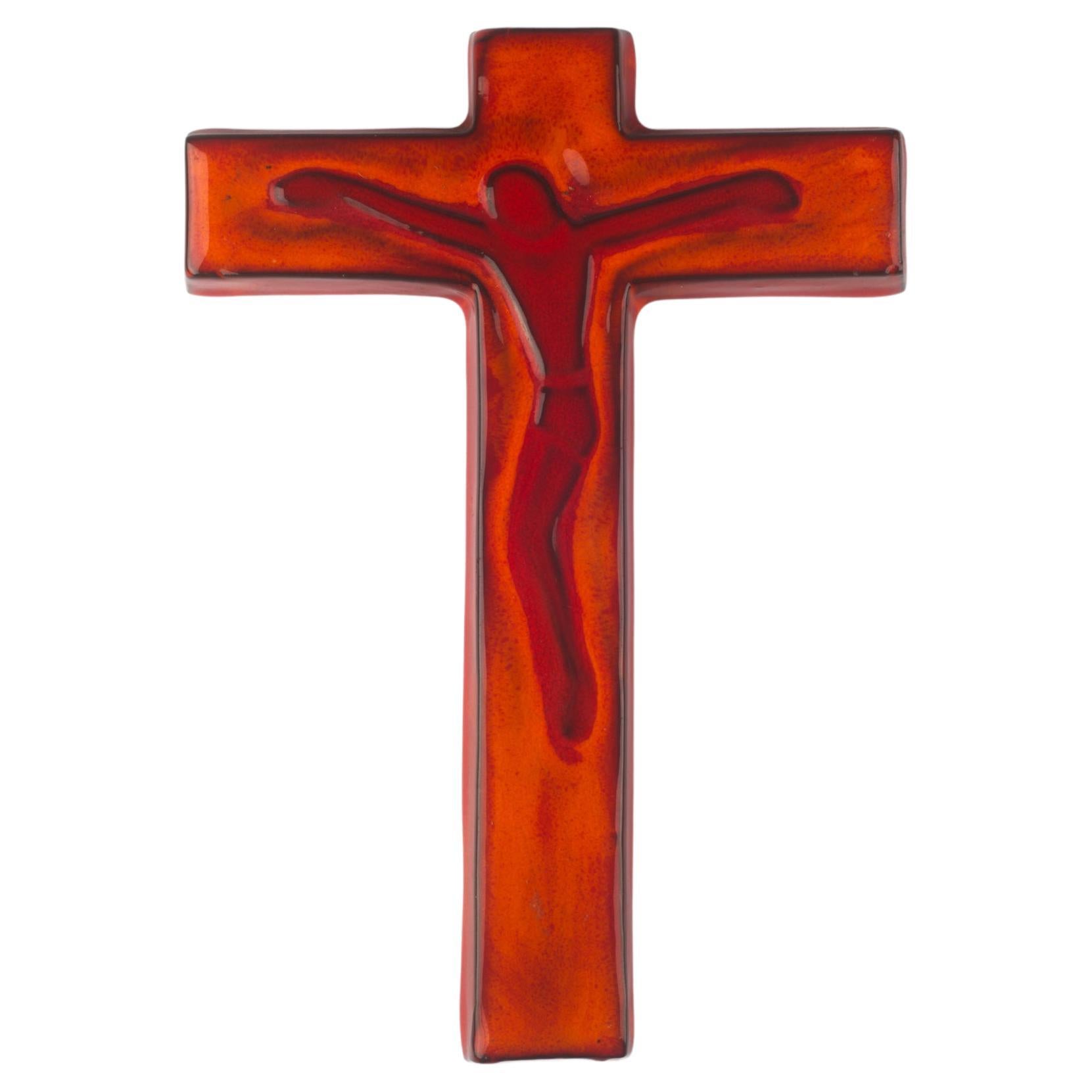 European Ceramic Crucifix, Orange, 1960s