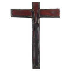 European Ceramic Crucifix, Red, Black, 1960s