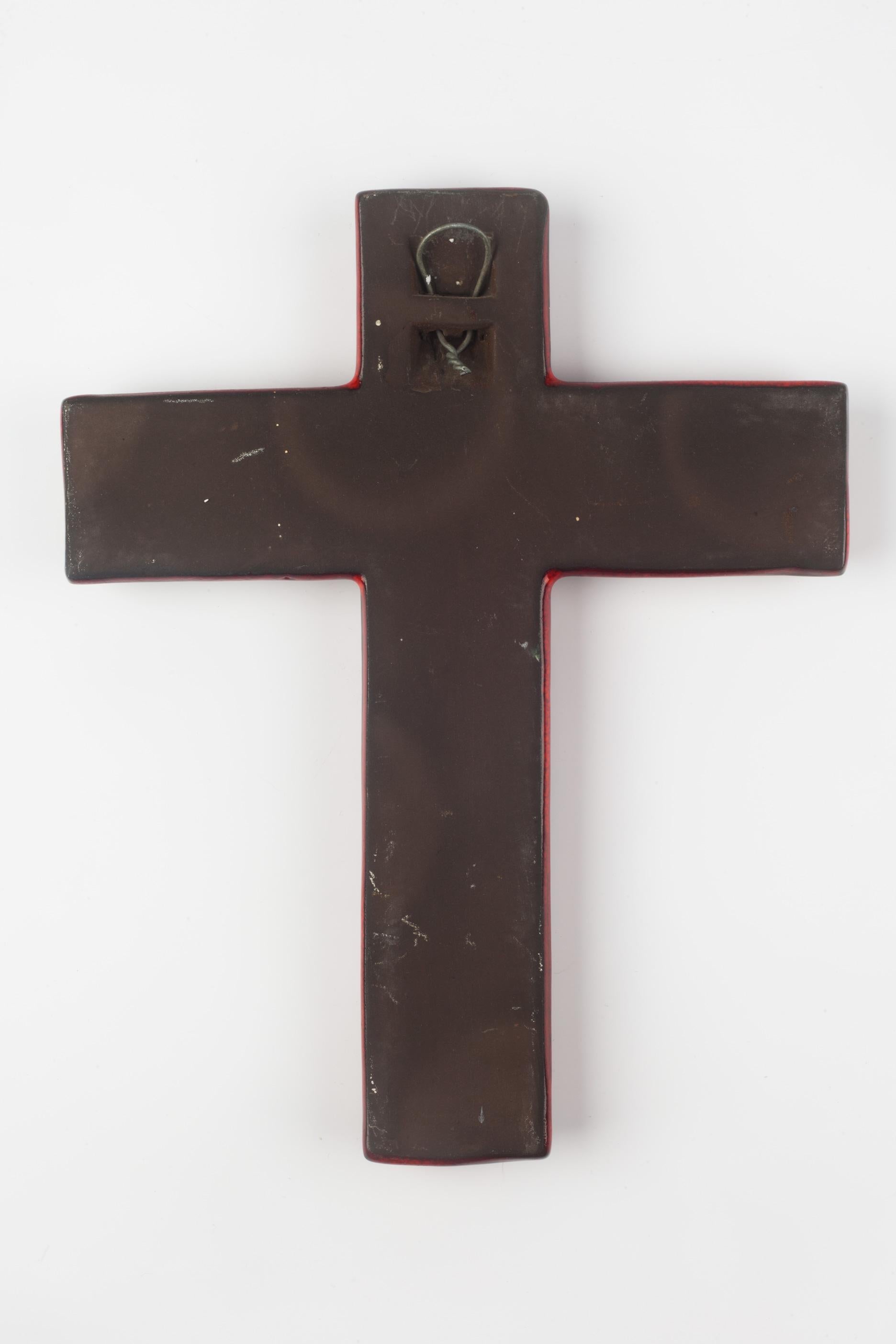 European Ceramic Crucifix, Red, Black Contour, 1970s In Good Condition In Chicago, IL