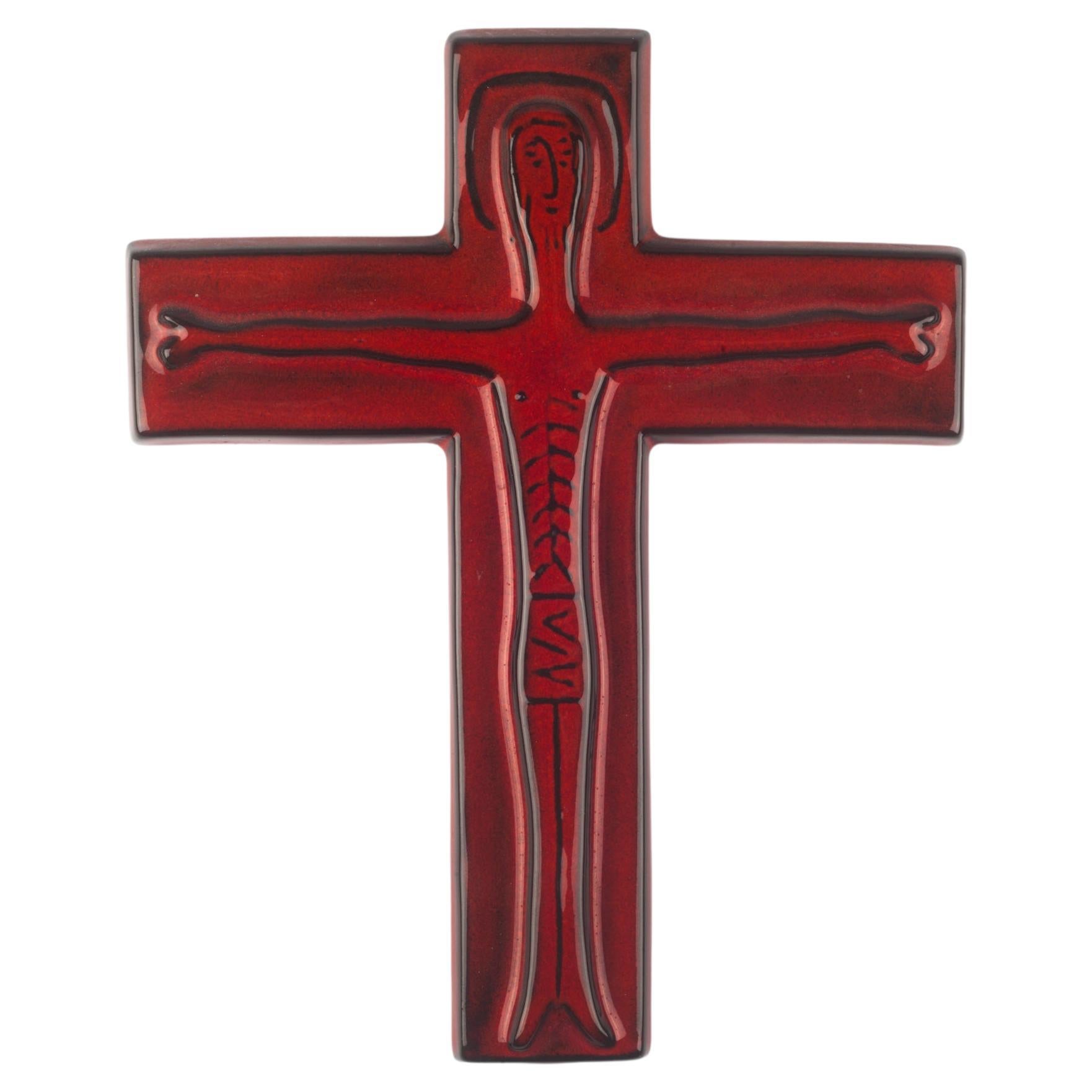 European Ceramic Crucifix, Red, Black Contour, 1970s