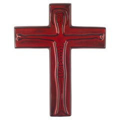 European Ceramic Crucifix, Red, Black Contour, 1970s