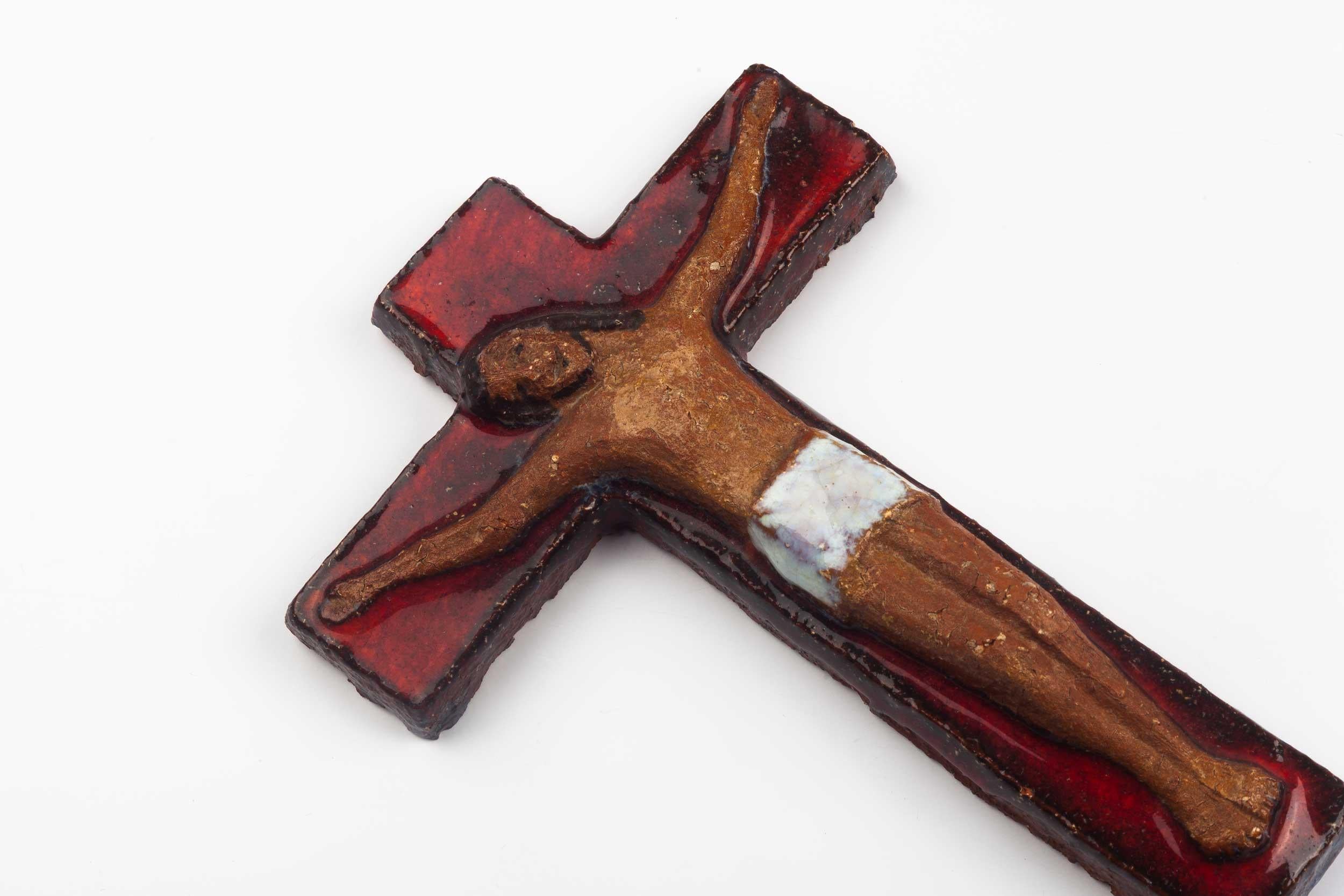 Clay European Ceramic Crucifix, Red, Brown and White, 1960s