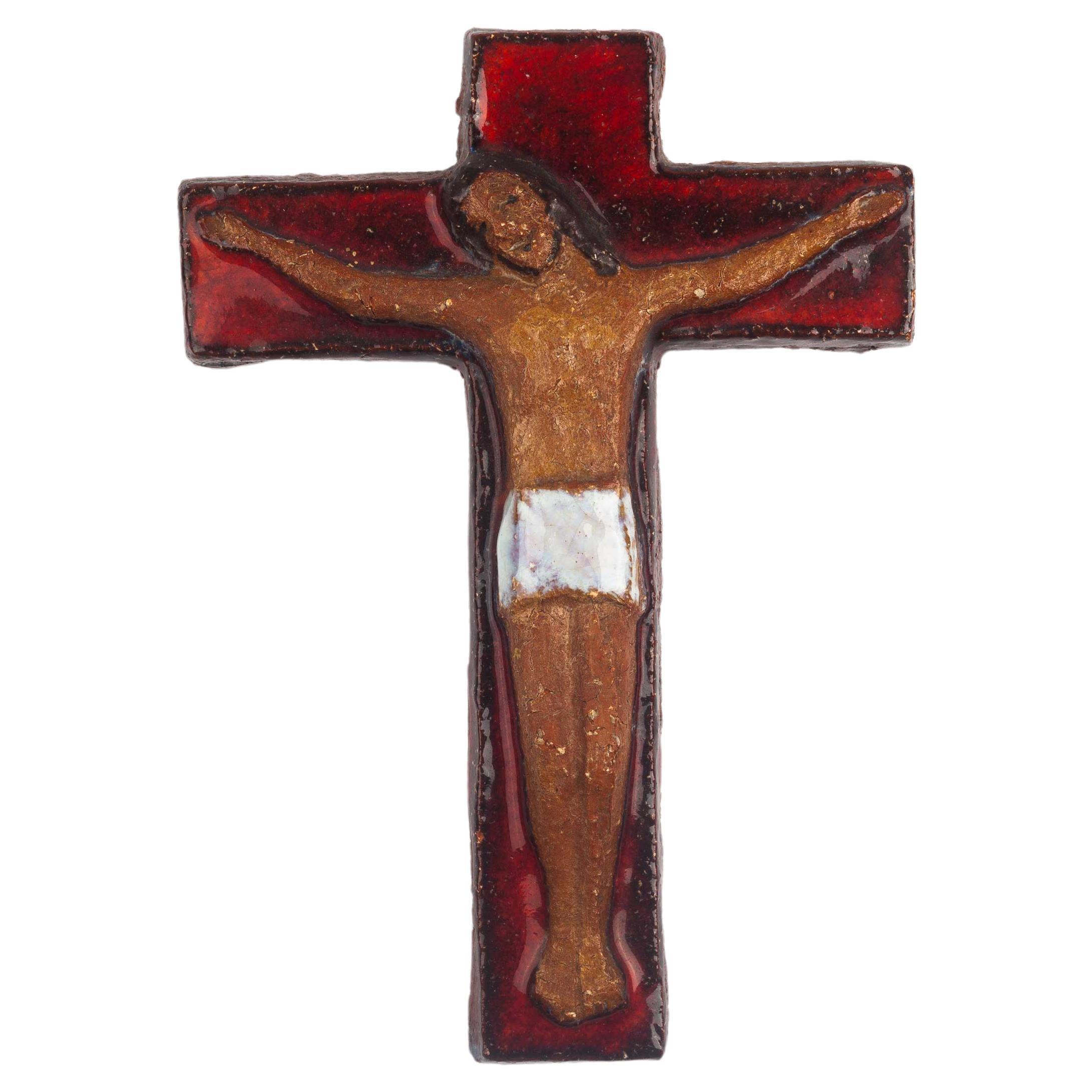 European Ceramic Crucifix, Red, Brown and White, 1960s
