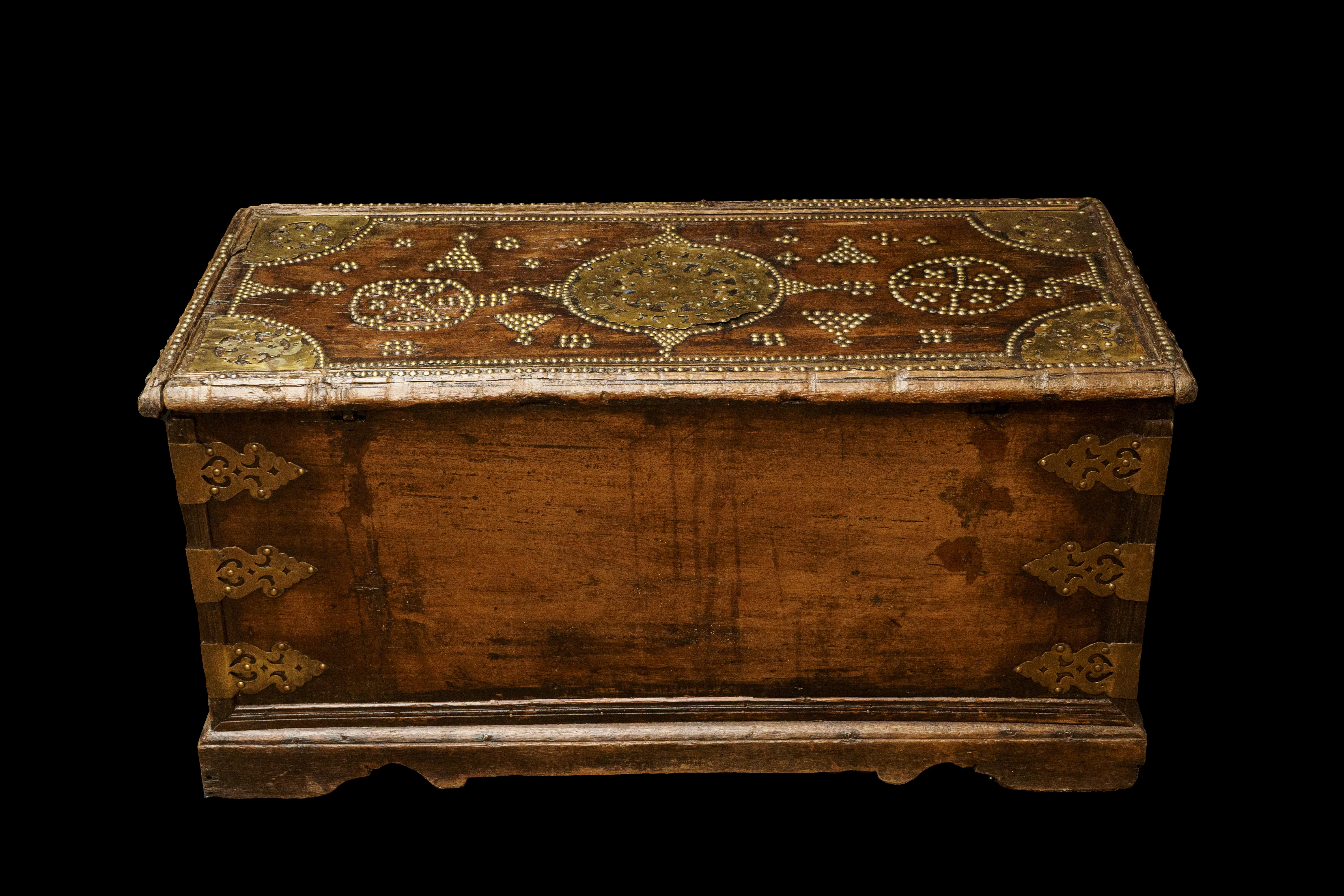 18th Century Continental Storage Chest with brass strapwork and studs.

Measures: 44