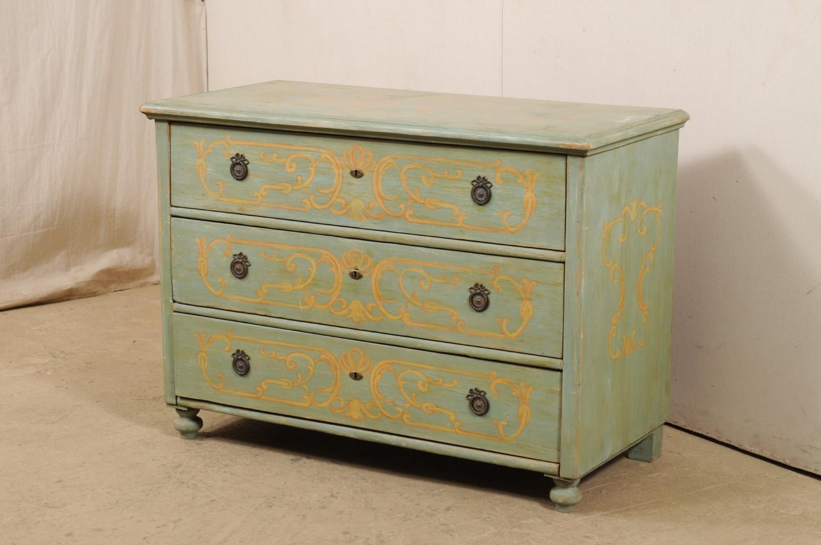 Hand-Painted European Chest with Hand Painted Neoclassical-Inspired Decor and Faux Marble Top