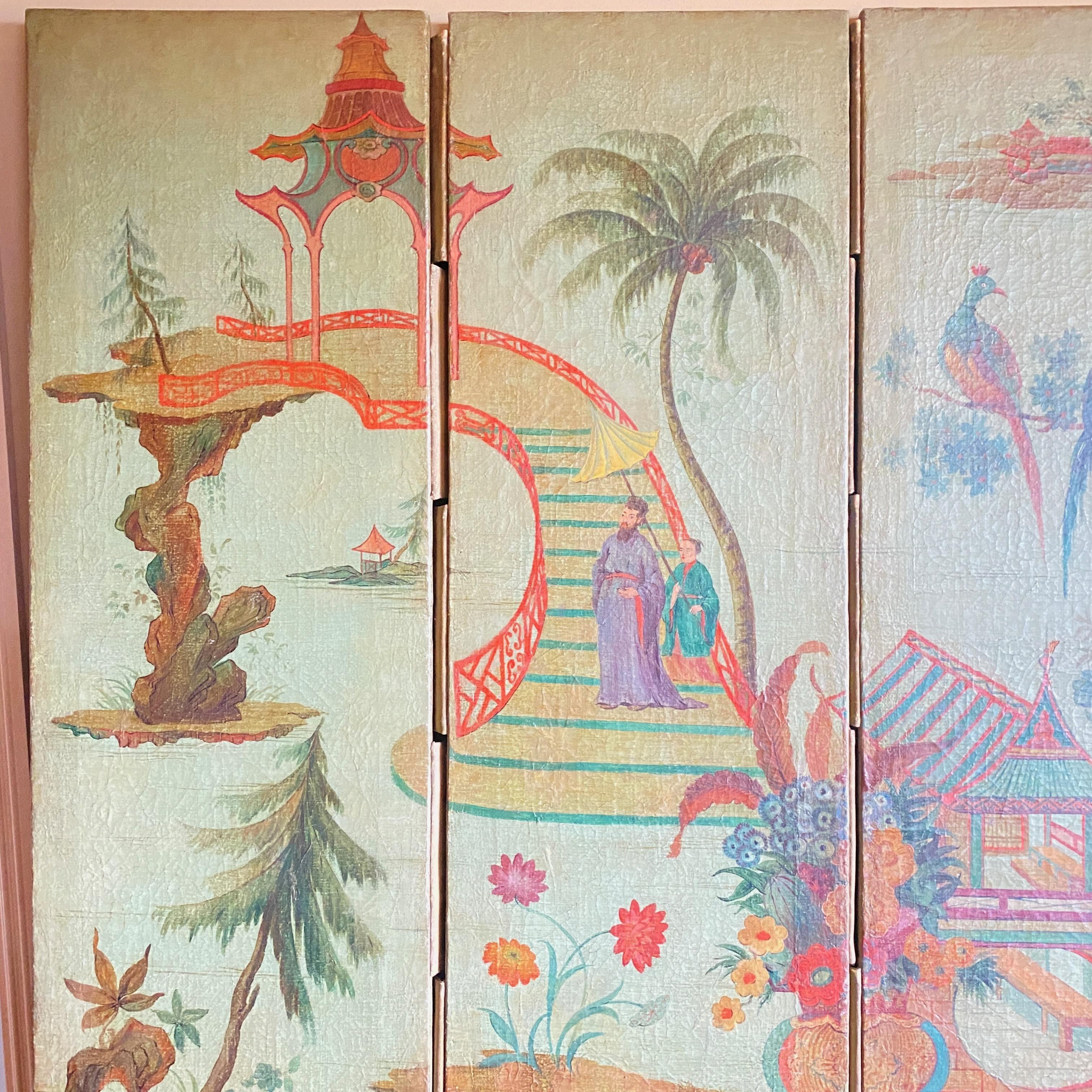 European Chinoiserie Style Painted Folding Screen Mural, 19th Century 4