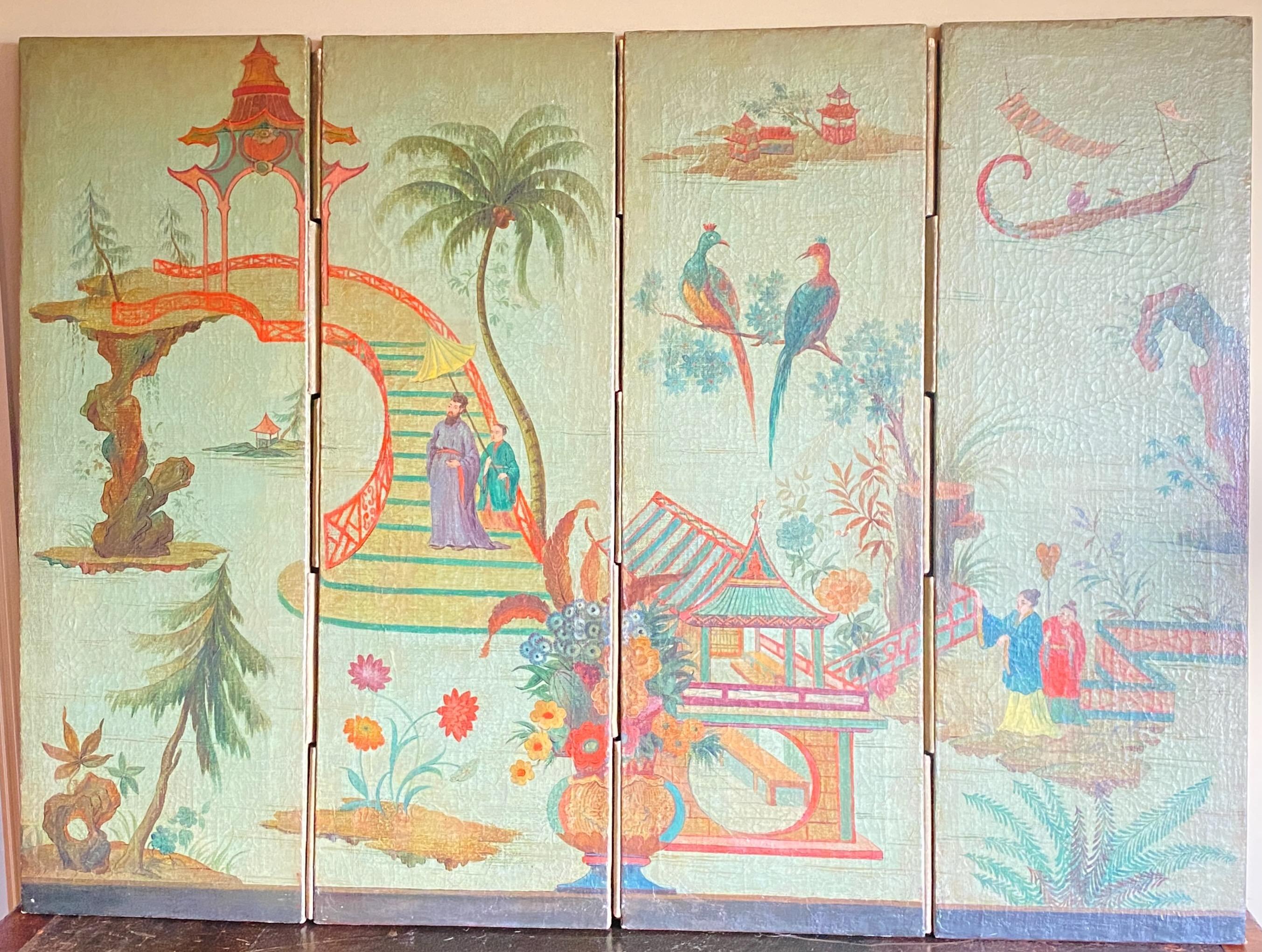 Beautifully hand painted scenic Chinoiserie style folding screen. Also can be displayed flush mounted to wall.
Oil on canvas, stretched on original 19th century wooden frame. Most likely this was part of a much larger mural at one time, and reduced