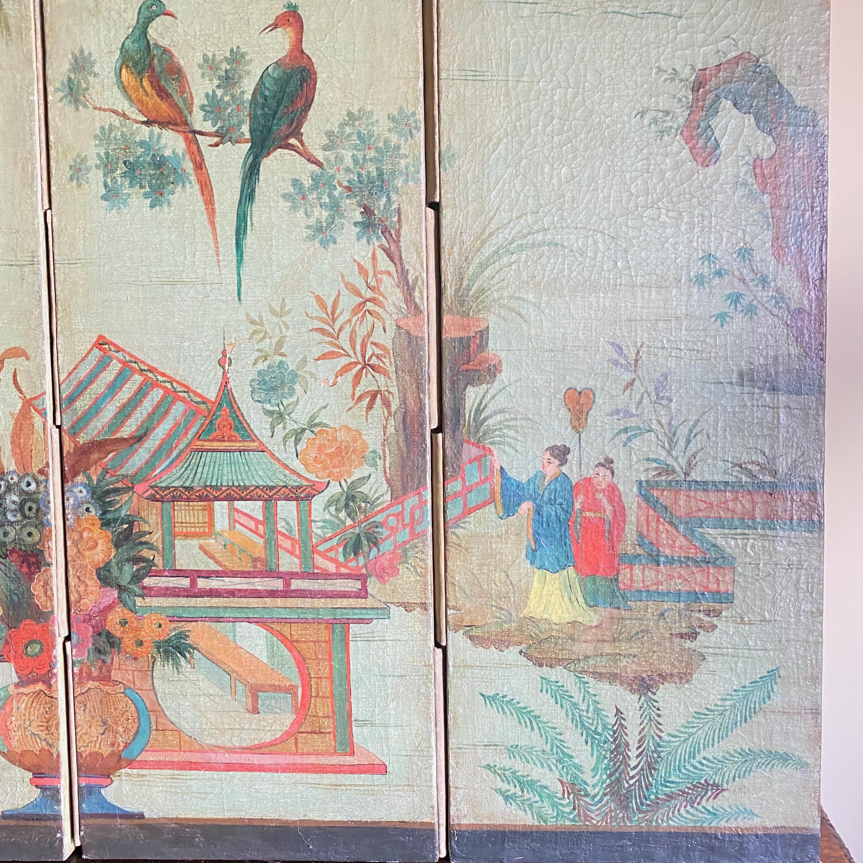 Hand-Painted European Chinoiserie Style Painted Folding Screen Mural, 19th Century