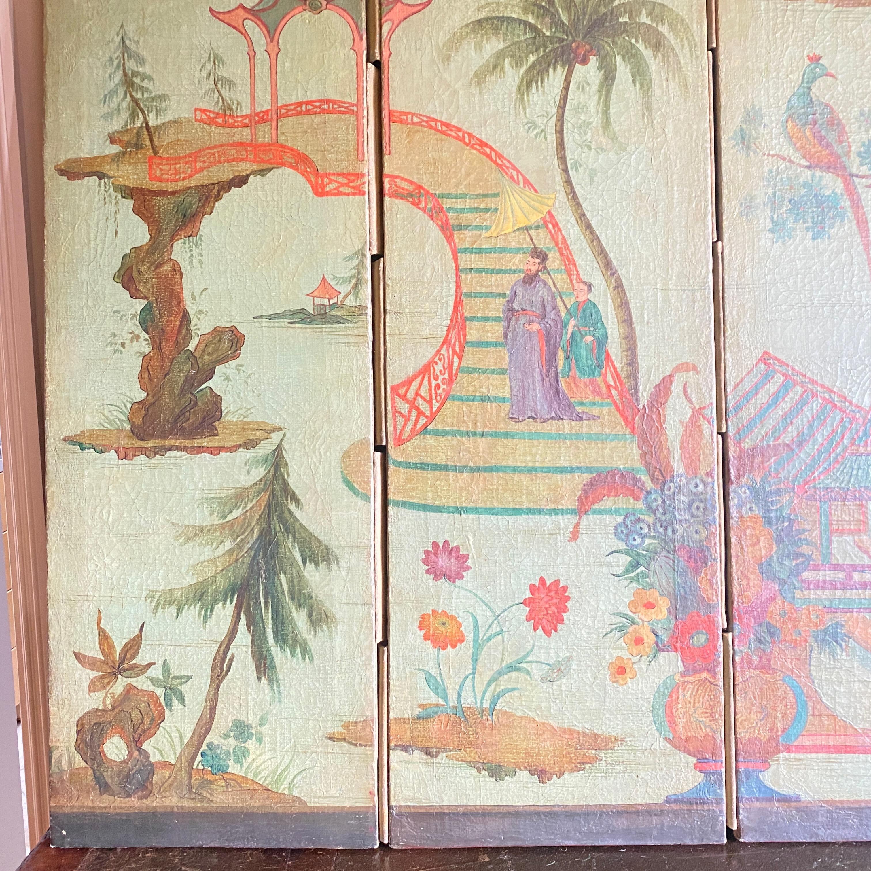 Canvas European Chinoiserie Style Painted Folding Screen Mural, 19th Century