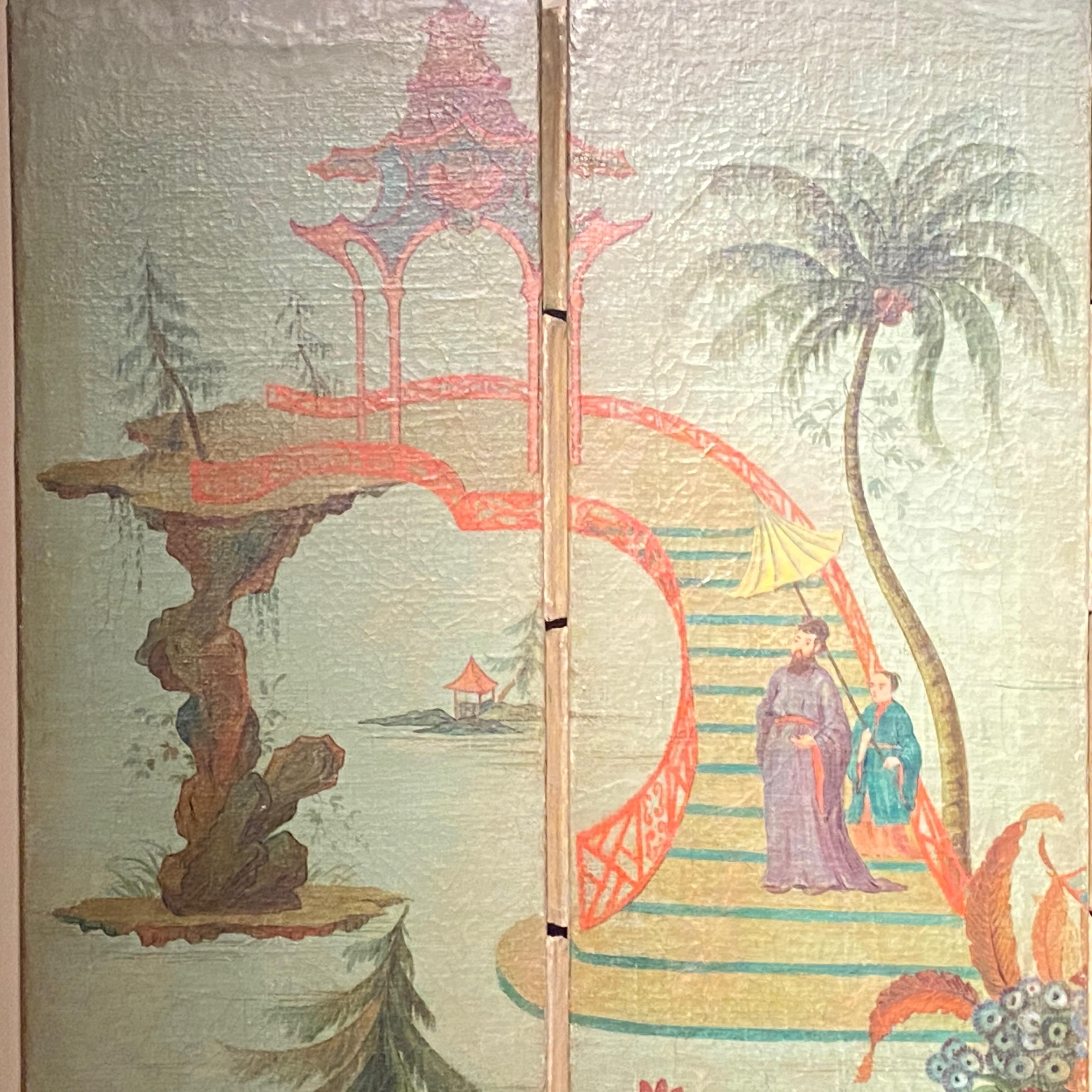 European Chinoiserie Style Painted Folding Screen Mural, 19th Century 1
