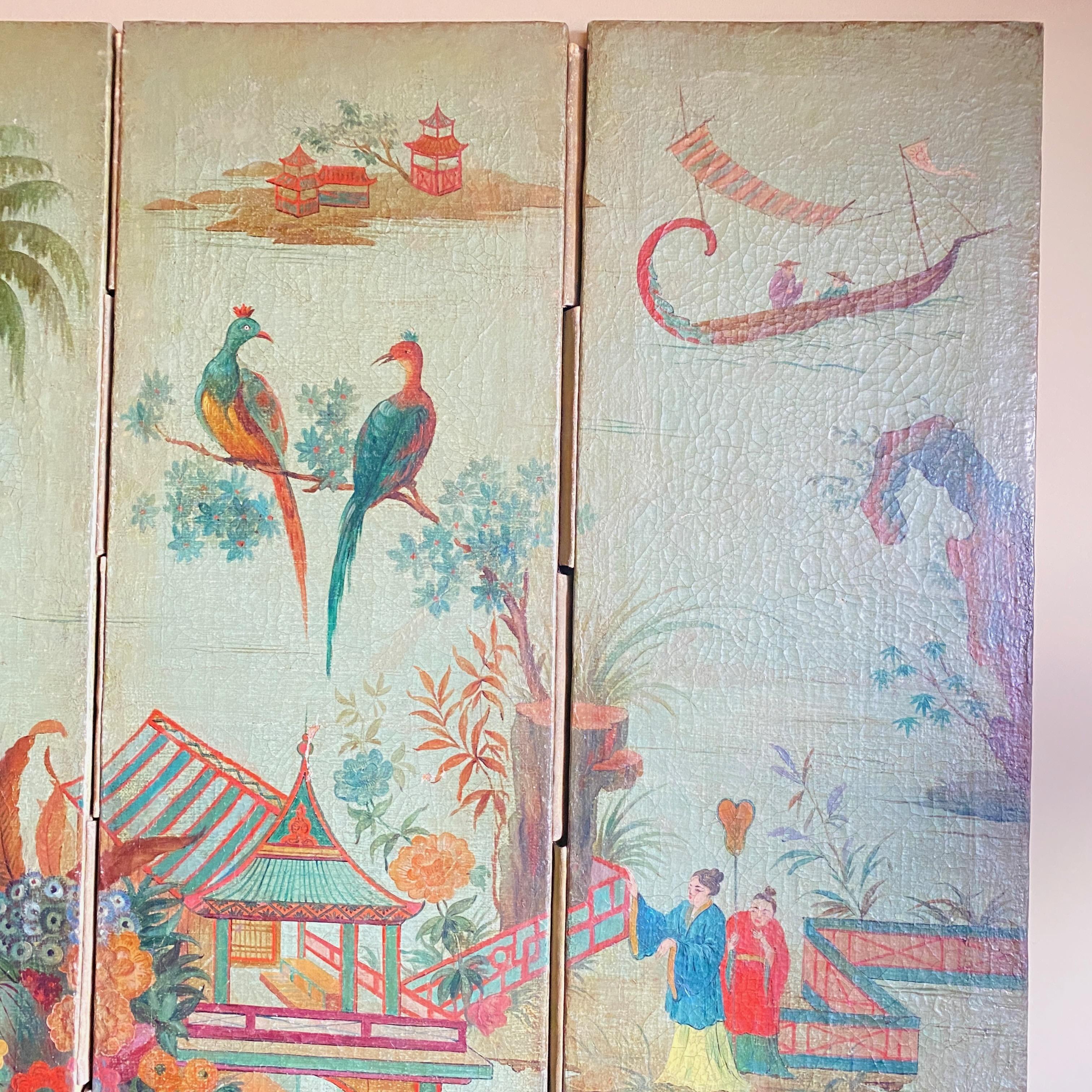 European Chinoiserie Style Painted Folding Screen Mural, 19th Century 2