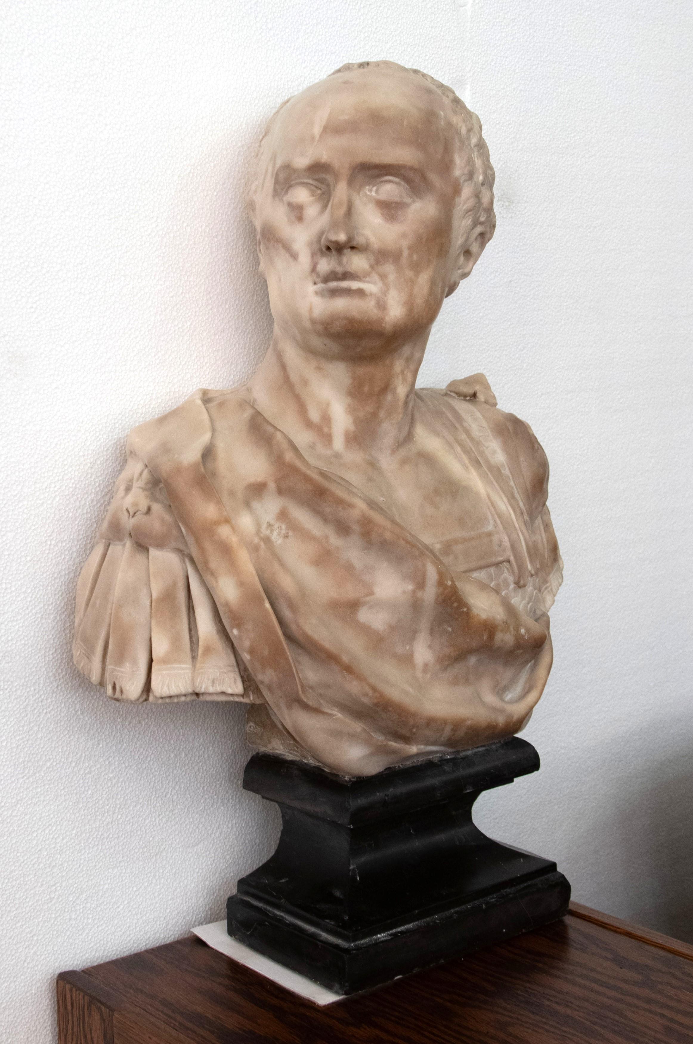 This hand carved bust of Cicero was acquired from an estate located in Greenwich, Connecticut. Made of marble. Inscribed on back of pedestal. Circa 1860s. Good condition with appropriate wear from age. One available. Please note, this item is