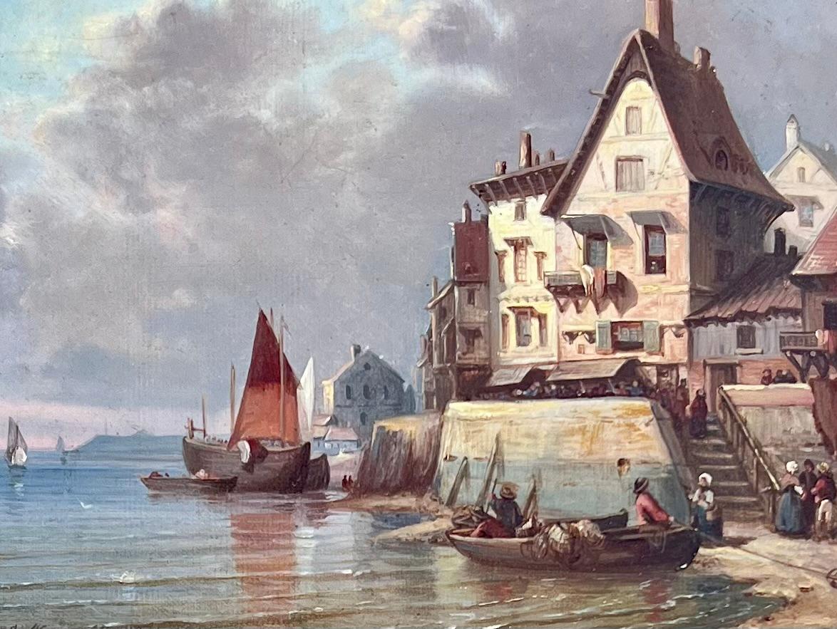 Óleo sobre lienzo, firmado y fechado en la esquina inferior izquierda.  Un cuadro tranquilo con una ciudad europea en un lago o río al amanecer o al atardecer.  

Charles Euphrasie Kuwasseg (1838, Draveil, Essonne - 1904) fue un pintor francés del
