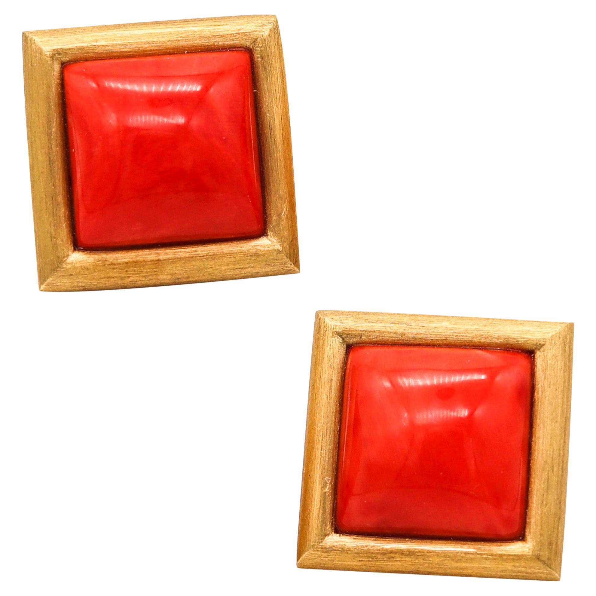 European Classic Clips On Earrings In Solid 18Kt Yellow Gold & Cabochon Of Coral For Sale