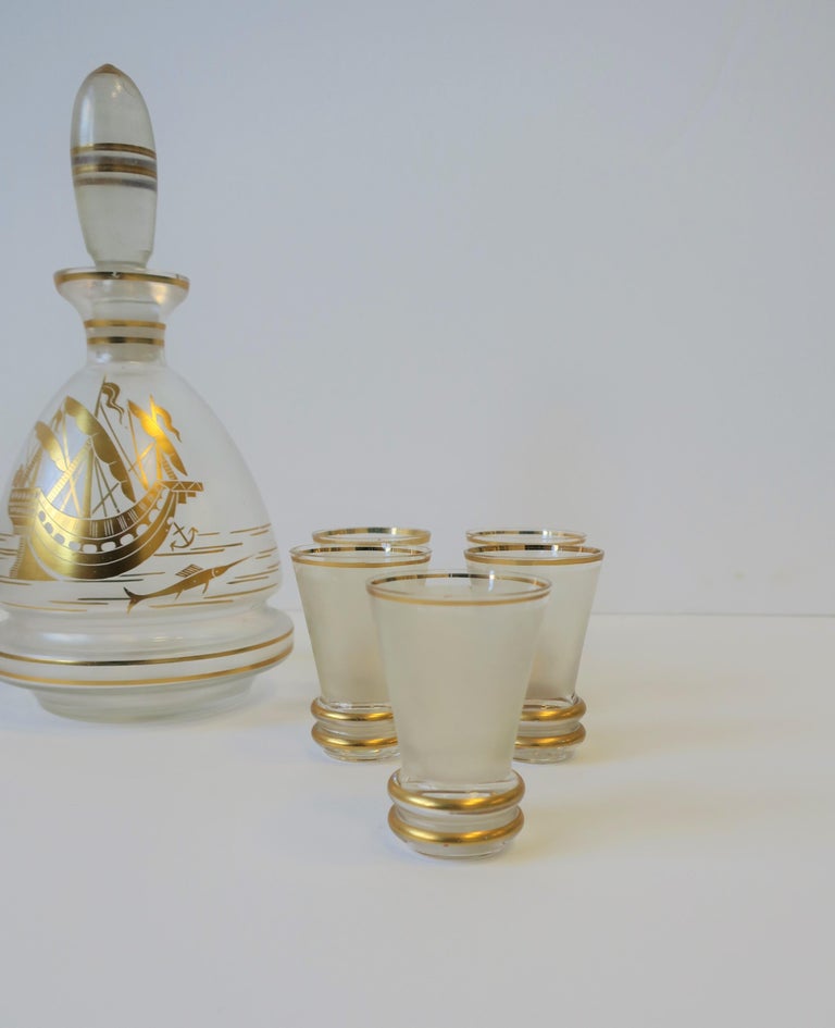 European Clear and Gold Liquor Decanter and Shot Glasses Set with