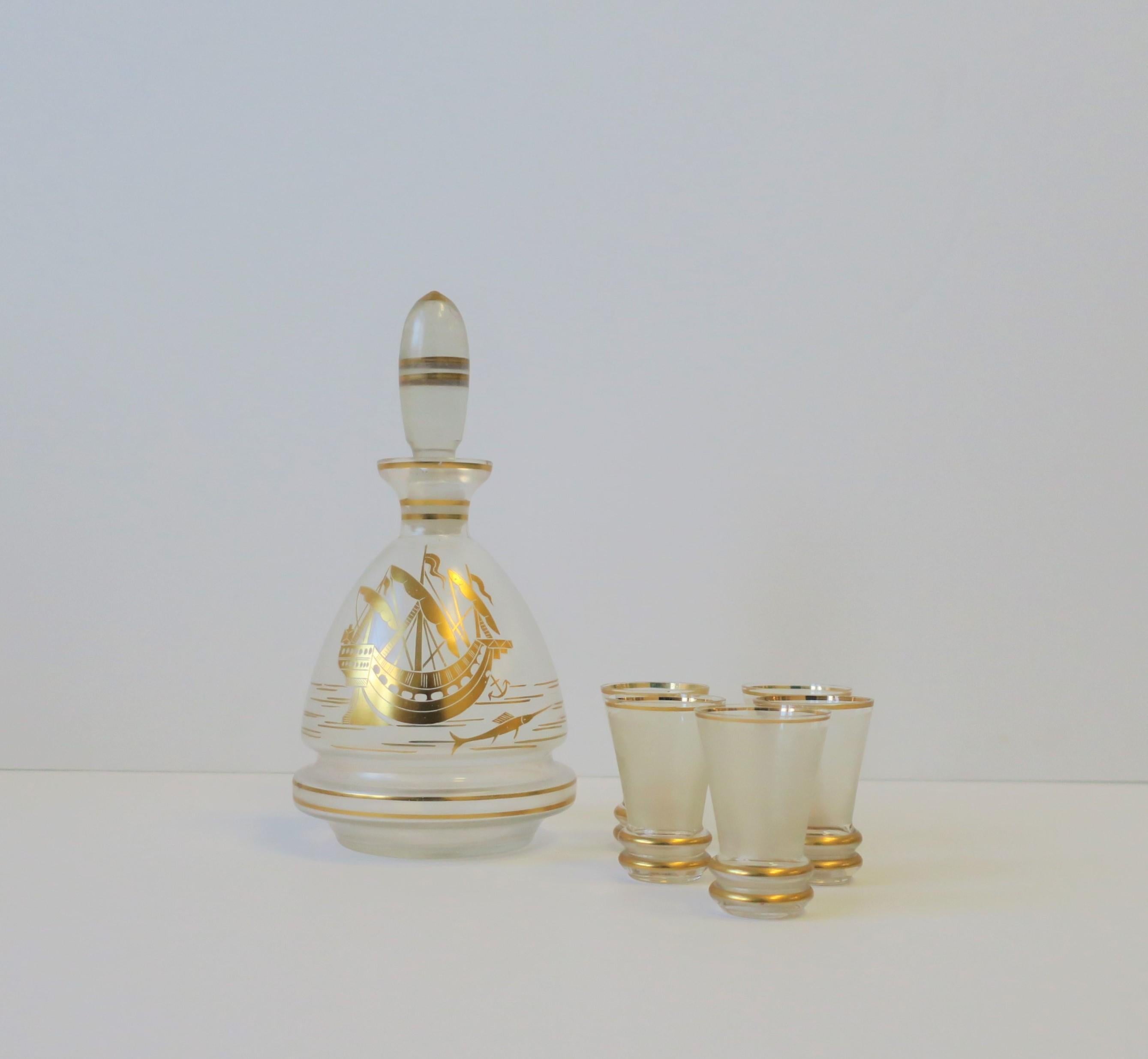 Czech Decanter and Shot Glass Set with Gold Nautical Design Barware For Sale