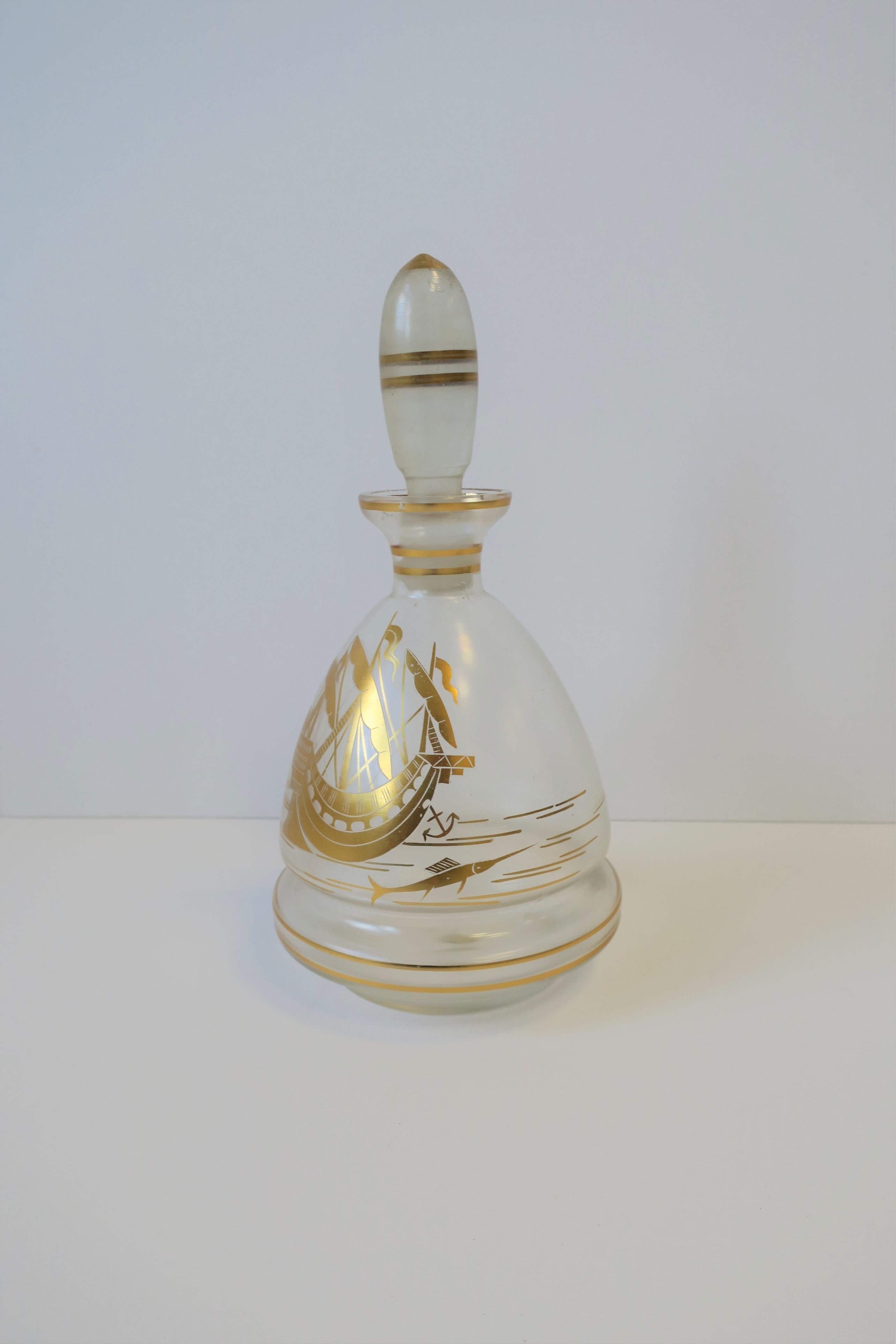 20th Century Decanter and Shot Glass Set with Gold Nautical Design Barware For Sale