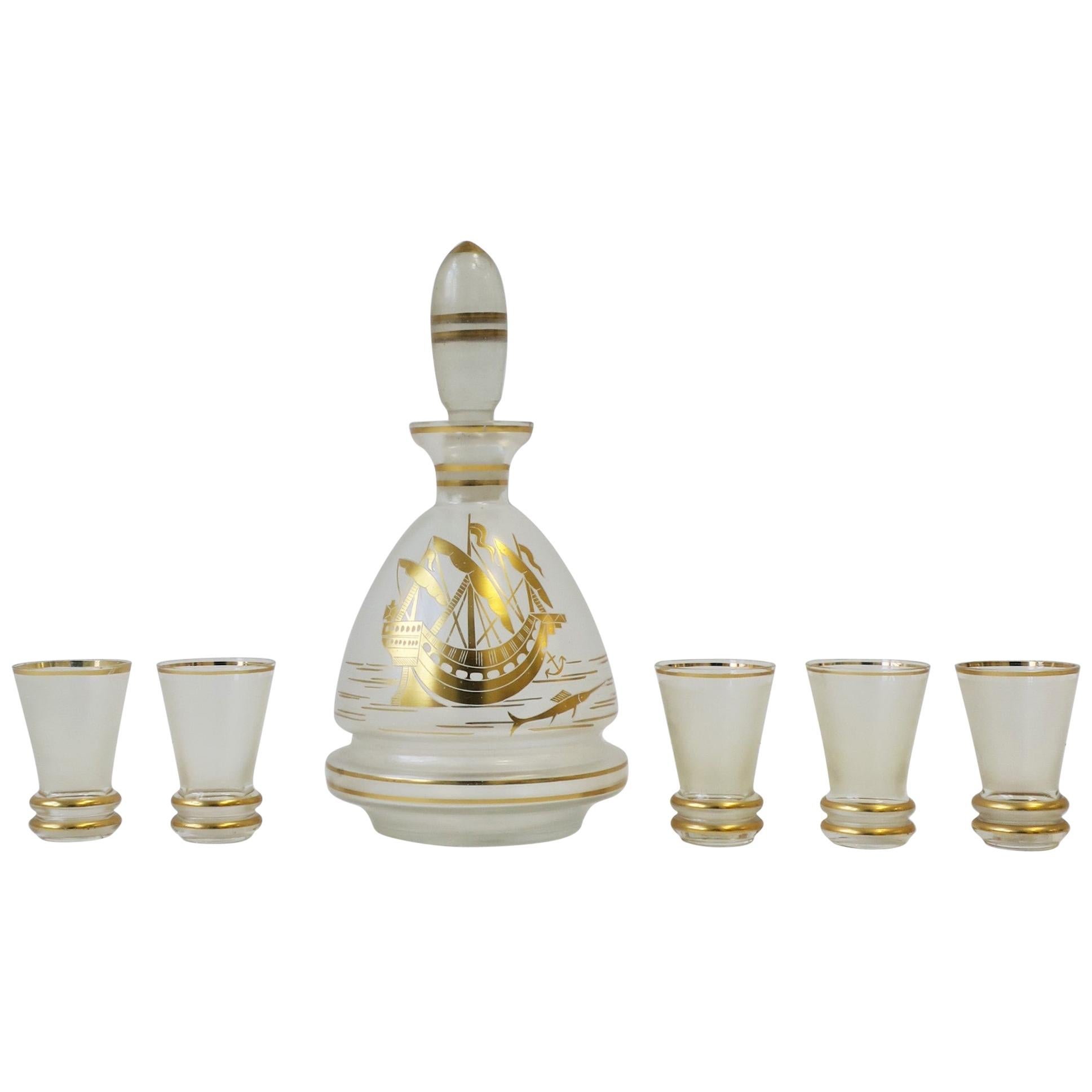 Decanter and Shot Glass Set with Gold Nautical Design Barware For Sale