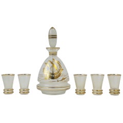 Used Decanter and Shot Glass Set with Gold Nautical Design Barware