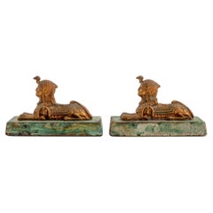 European Cold Painted Bronze Sphinx Sculptures, Pair