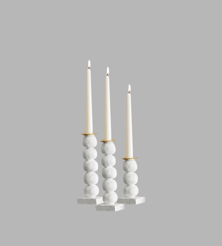 European Contemporary White Sculptural Candlestick Set of Three For