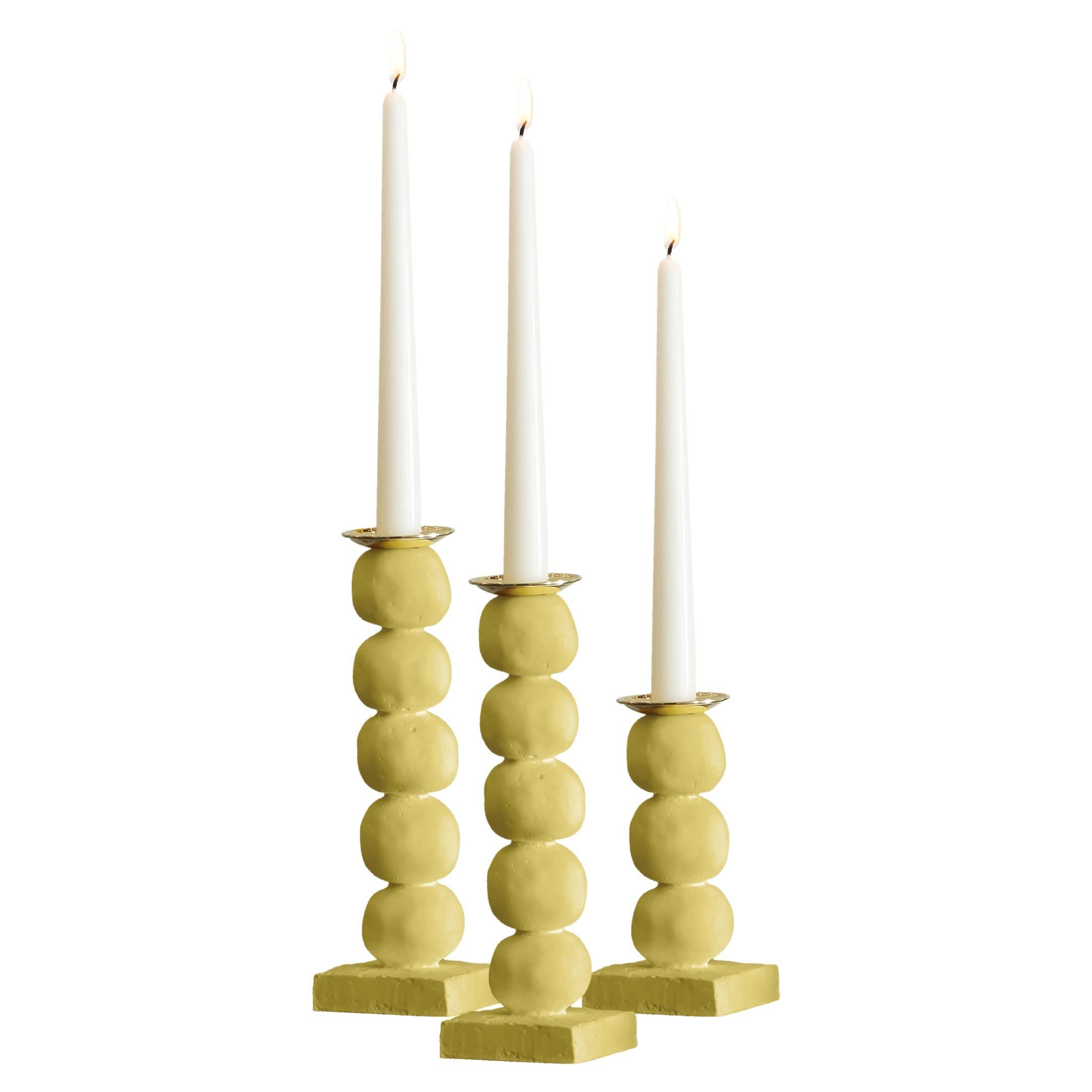 European Contemporary yellow Sculptural Candlestick Set of Three For Sale