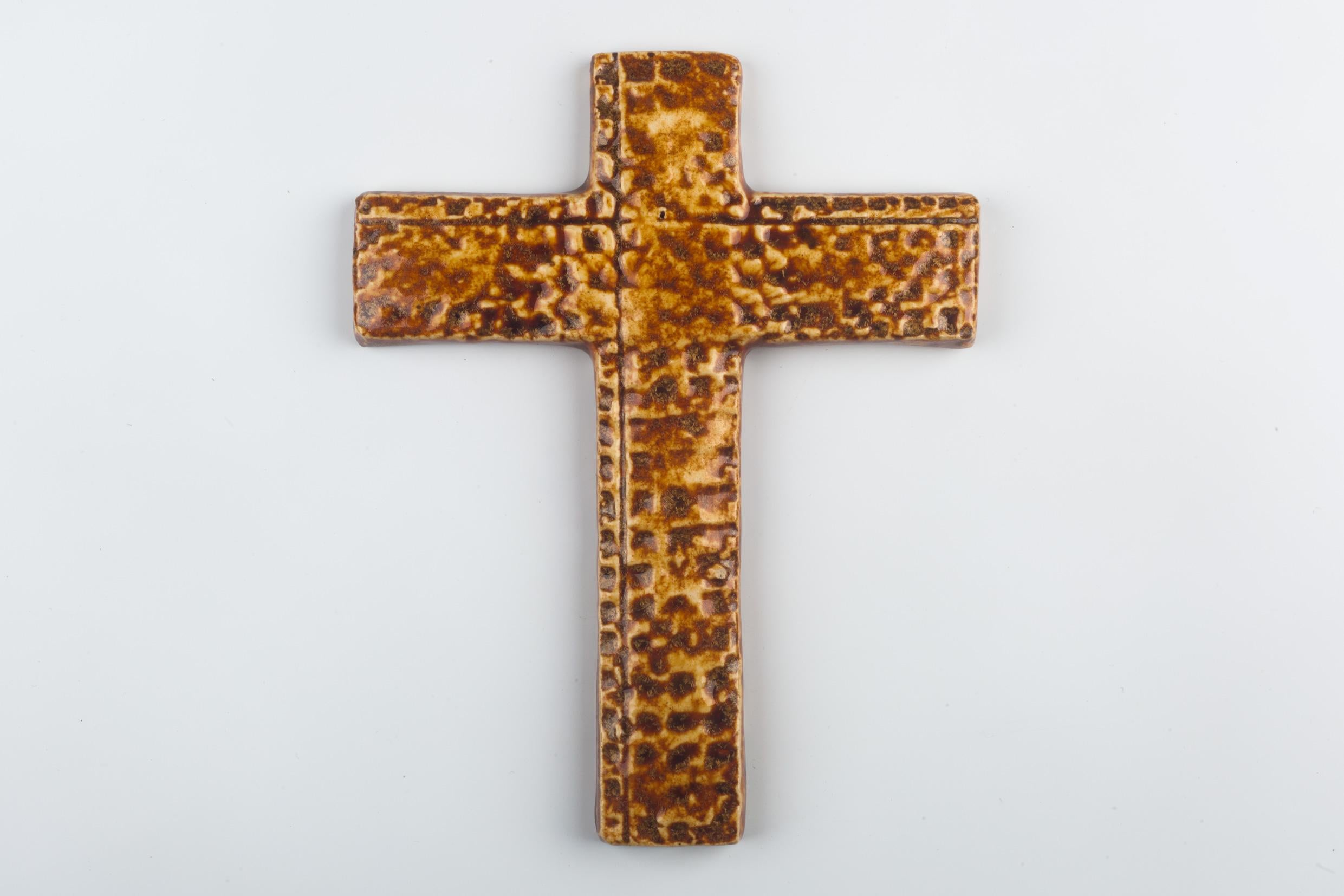 Mid-Century Modern European Crucifix, Brown, Beige Painted Ceramic, 1960s