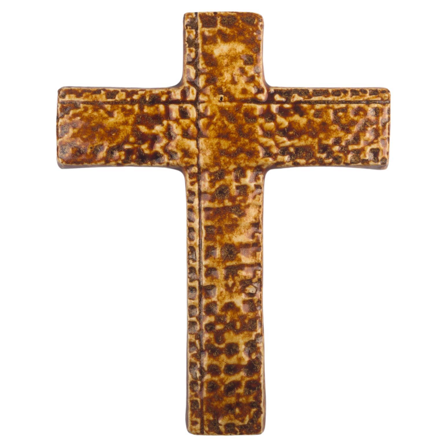 European Crucifix, Brown, Beige Painted Ceramic, 1960s
