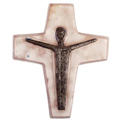 European Crucifix, Ceramic, White, Brown, Fat Lava, 1970s