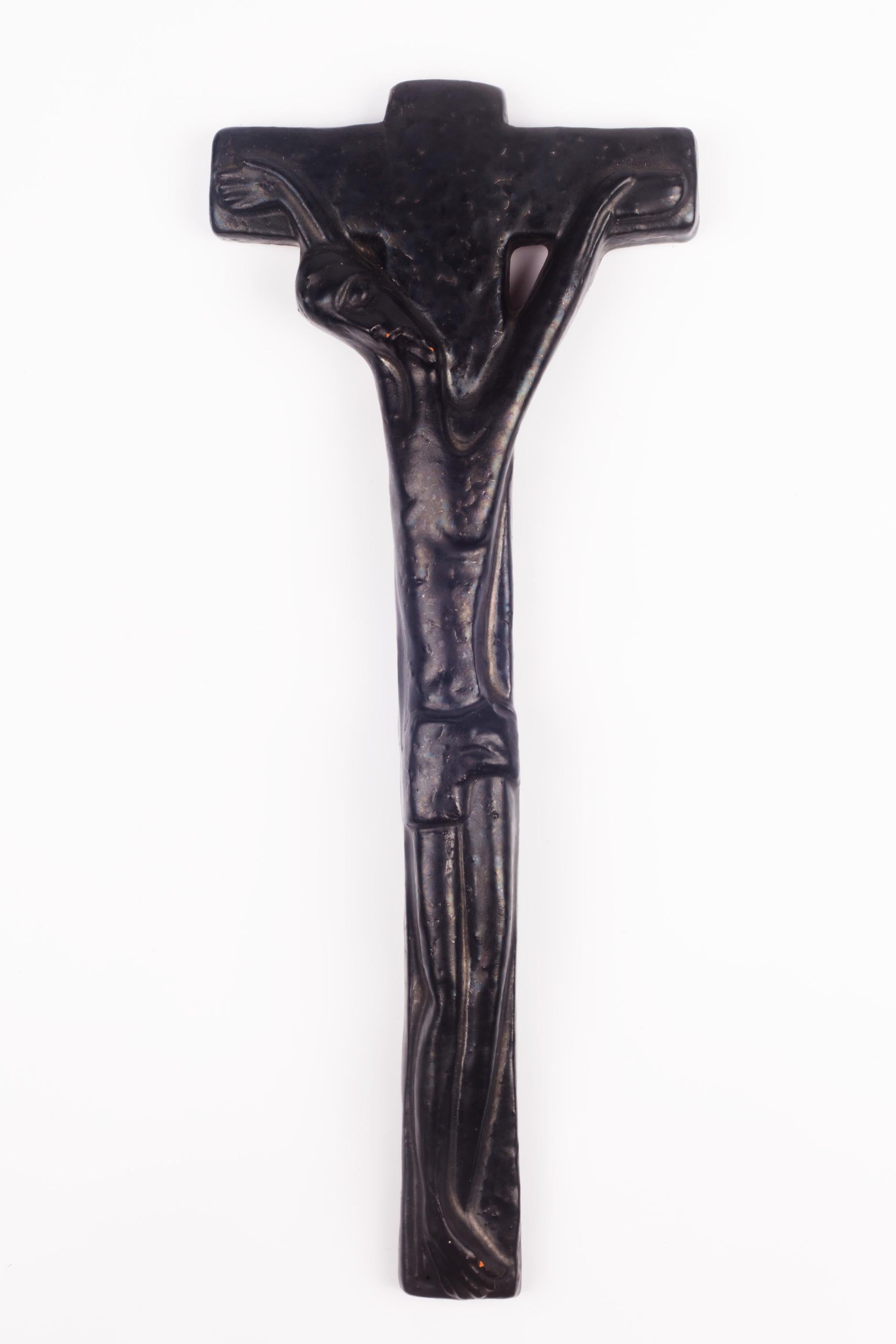 Modern European Crucifix in Glazed Ceramic, Black, 1970s