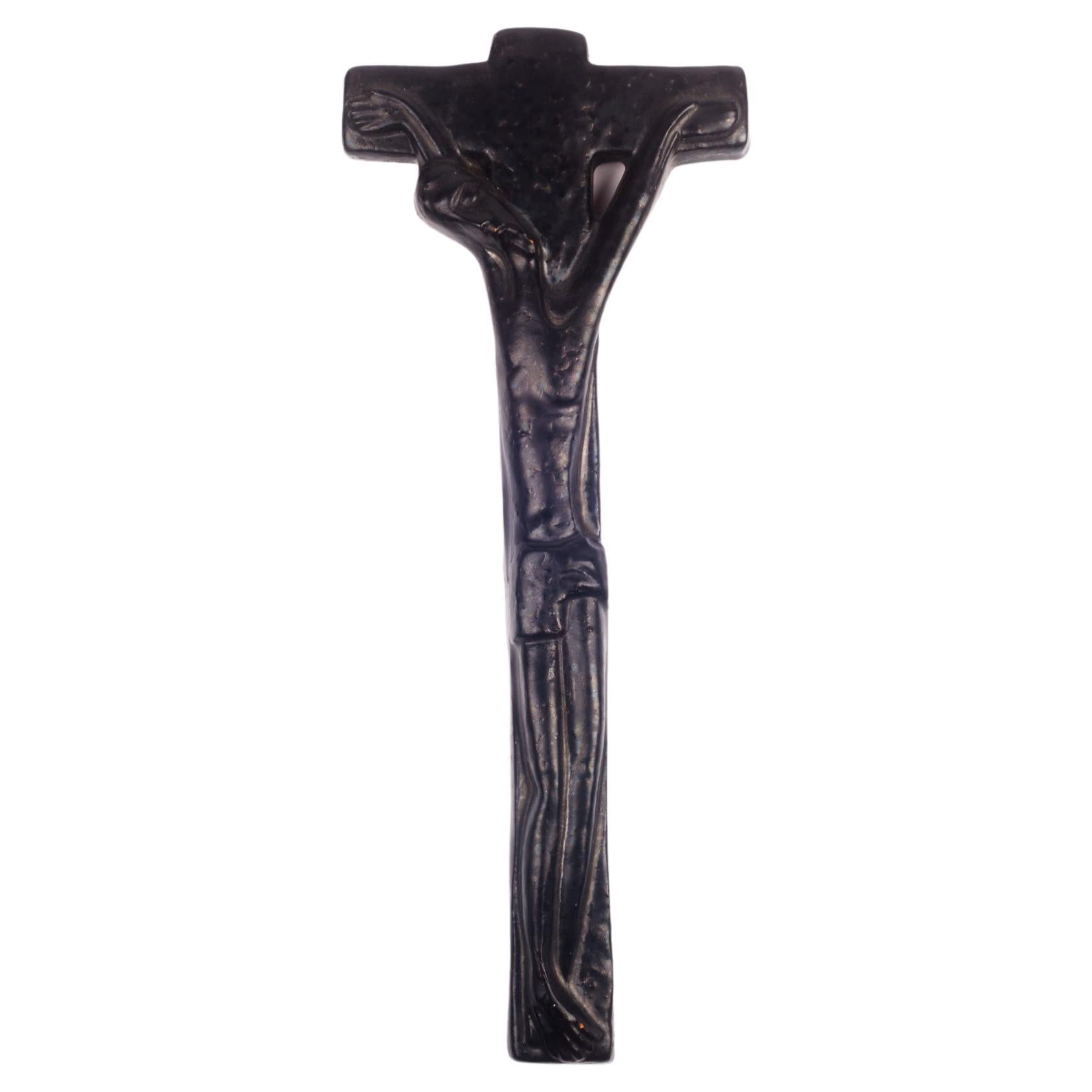 European Crucifix in Glazed Ceramic, Black, 1970s