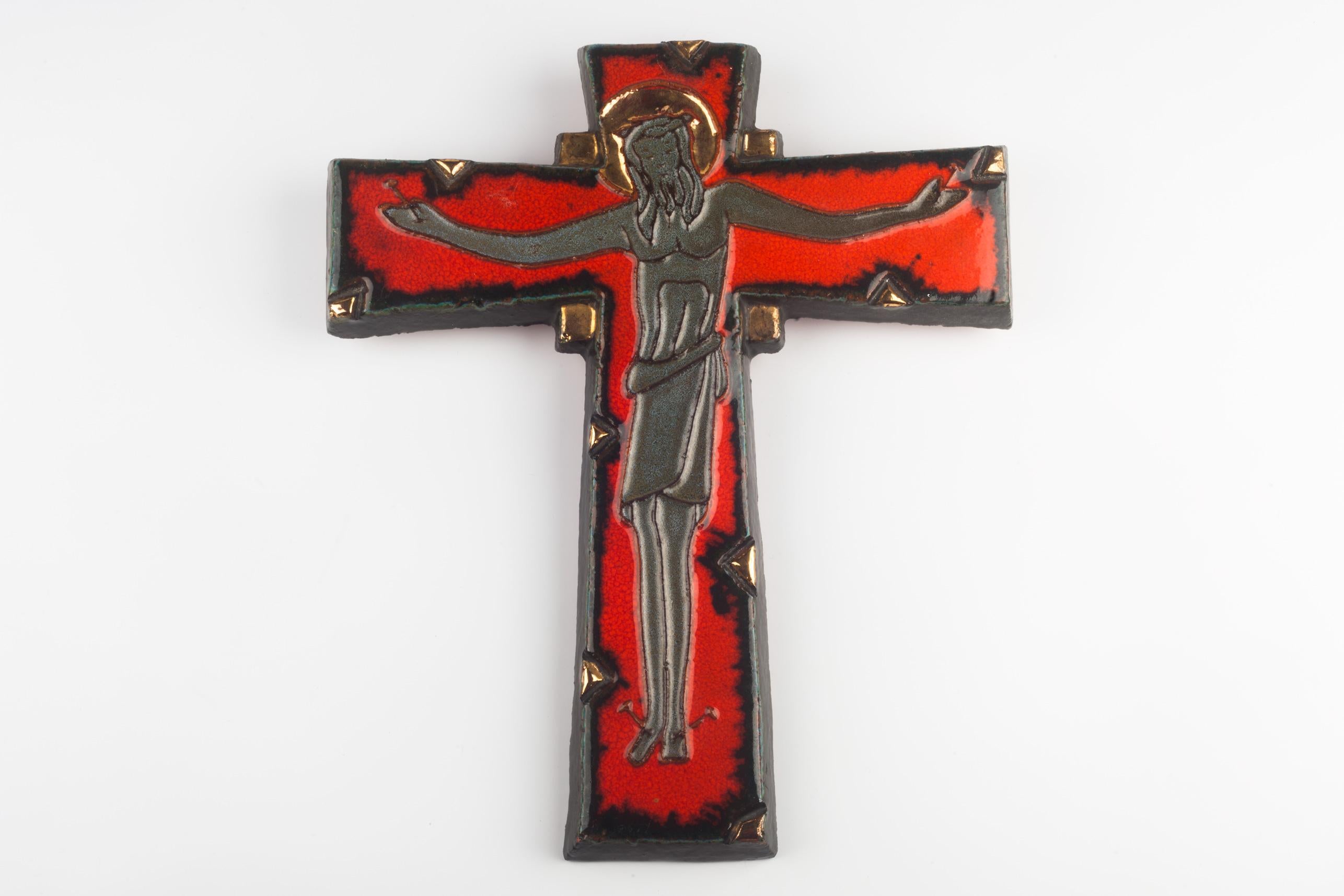 Arts and Crafts European Crucifix, Red, Black, Gilt Ceramic, 1970s