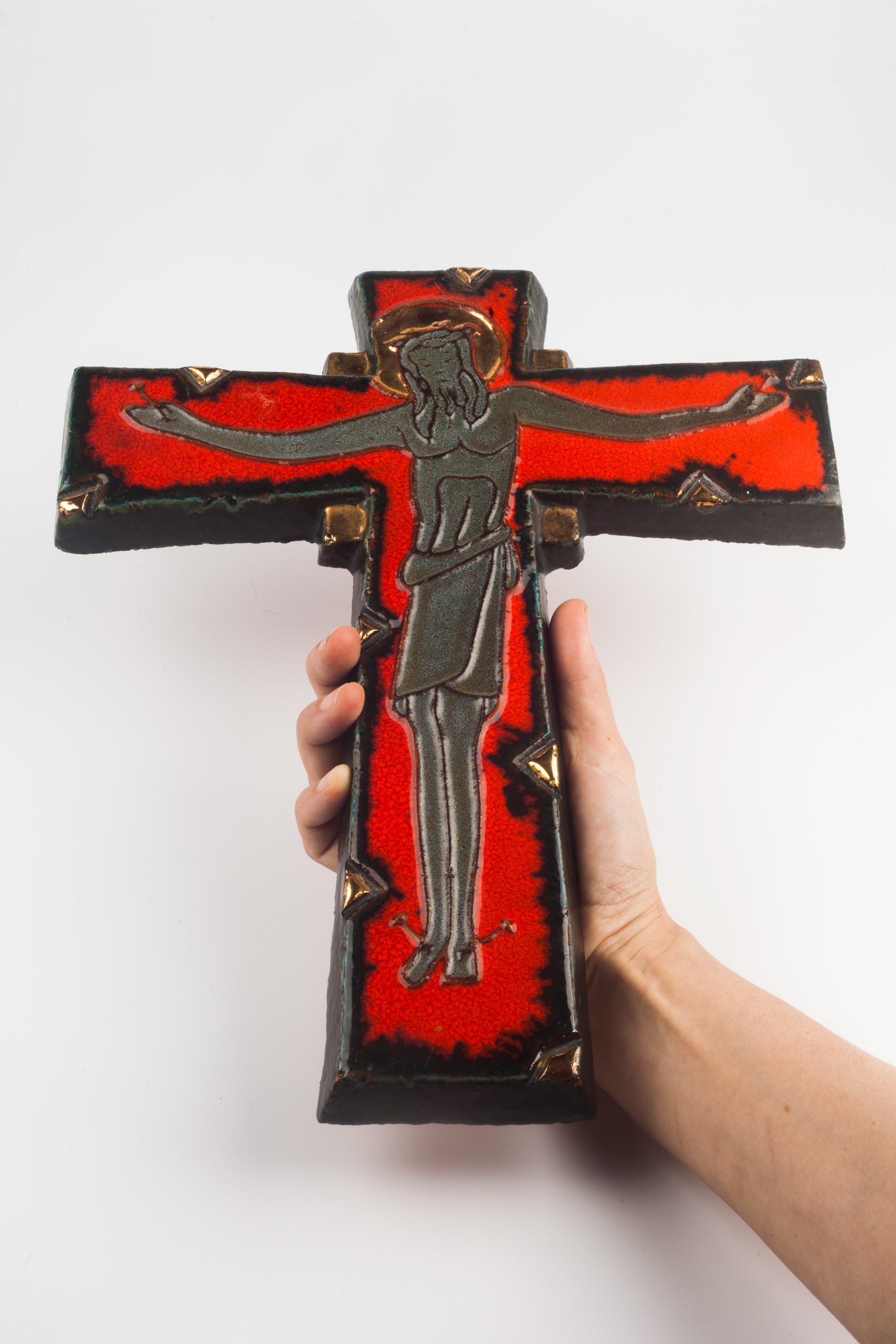 Clay European Crucifix, Red, Black, Gilt Ceramic, 1970s