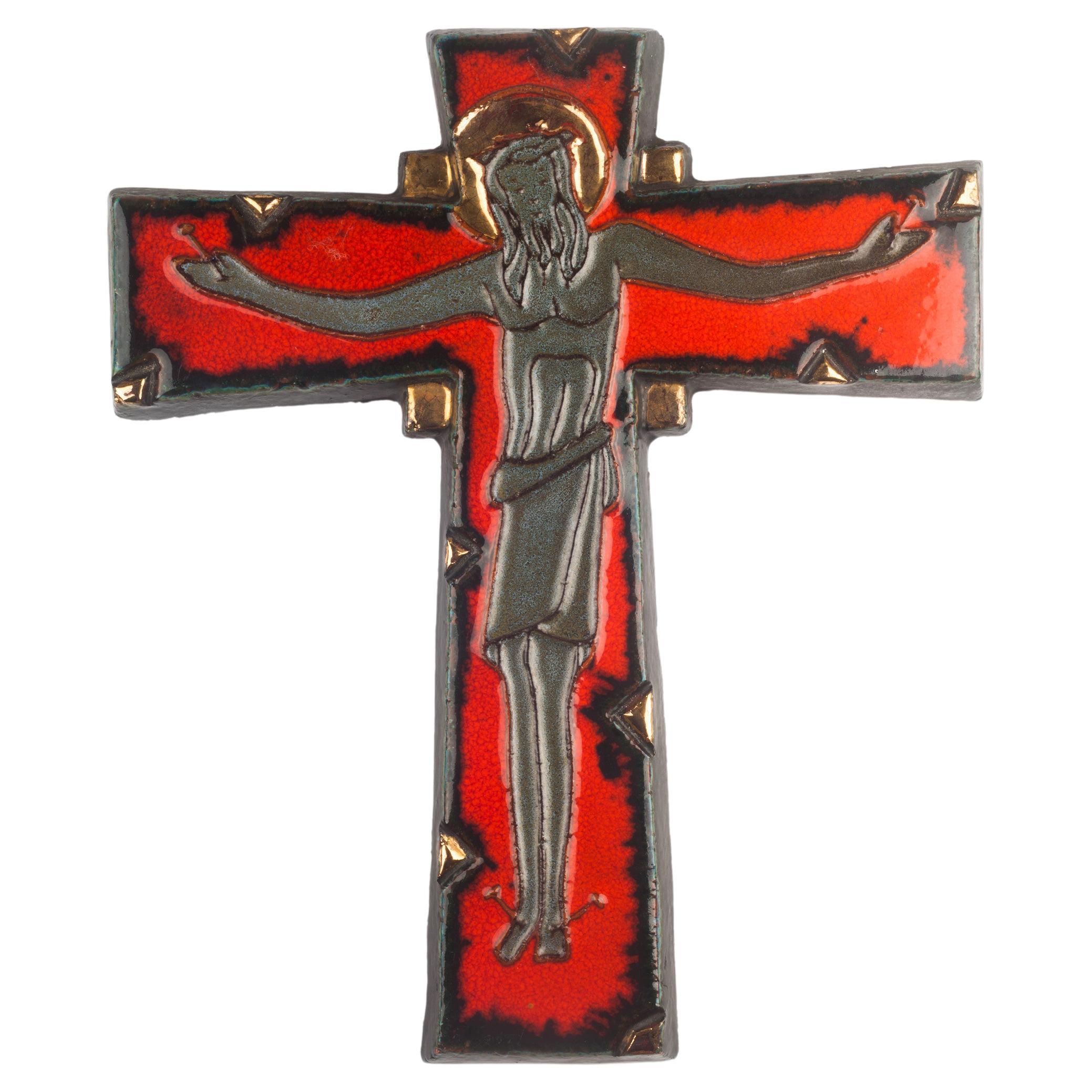 European Crucifix, Red, Black, Gilt Ceramic, 1970s