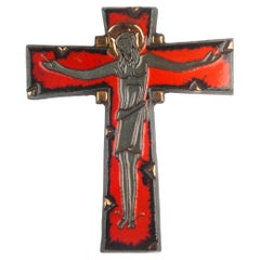 European Crucifix, Red, Black, Gilt Ceramic, 1970s