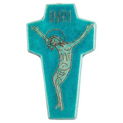 European Crucifix, Teal Blue and White Hand-Painted Ceramic, 1970s