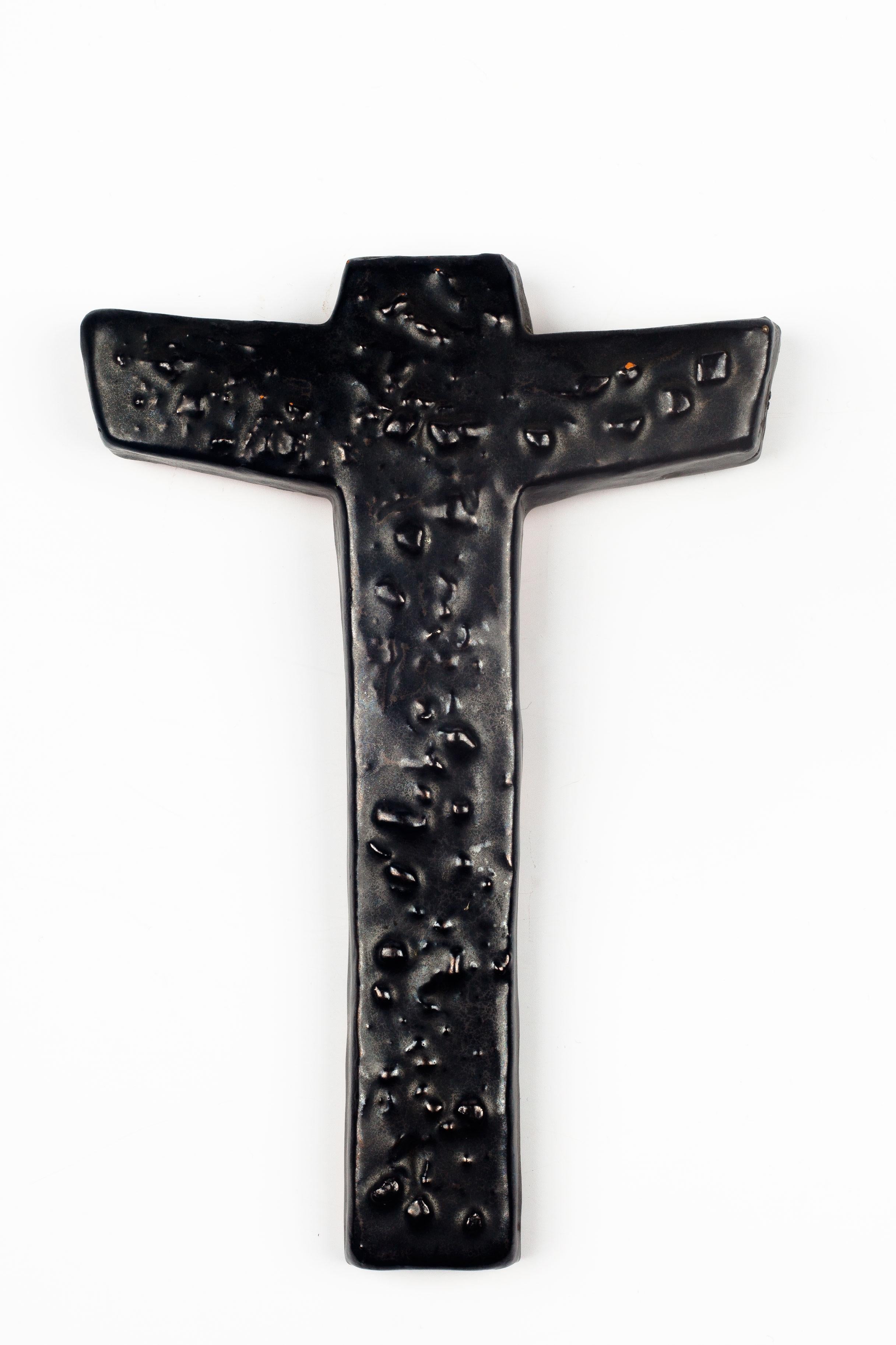 Mid-Century Modern European Crucifix, Textured Ceramic, Black, 1970s