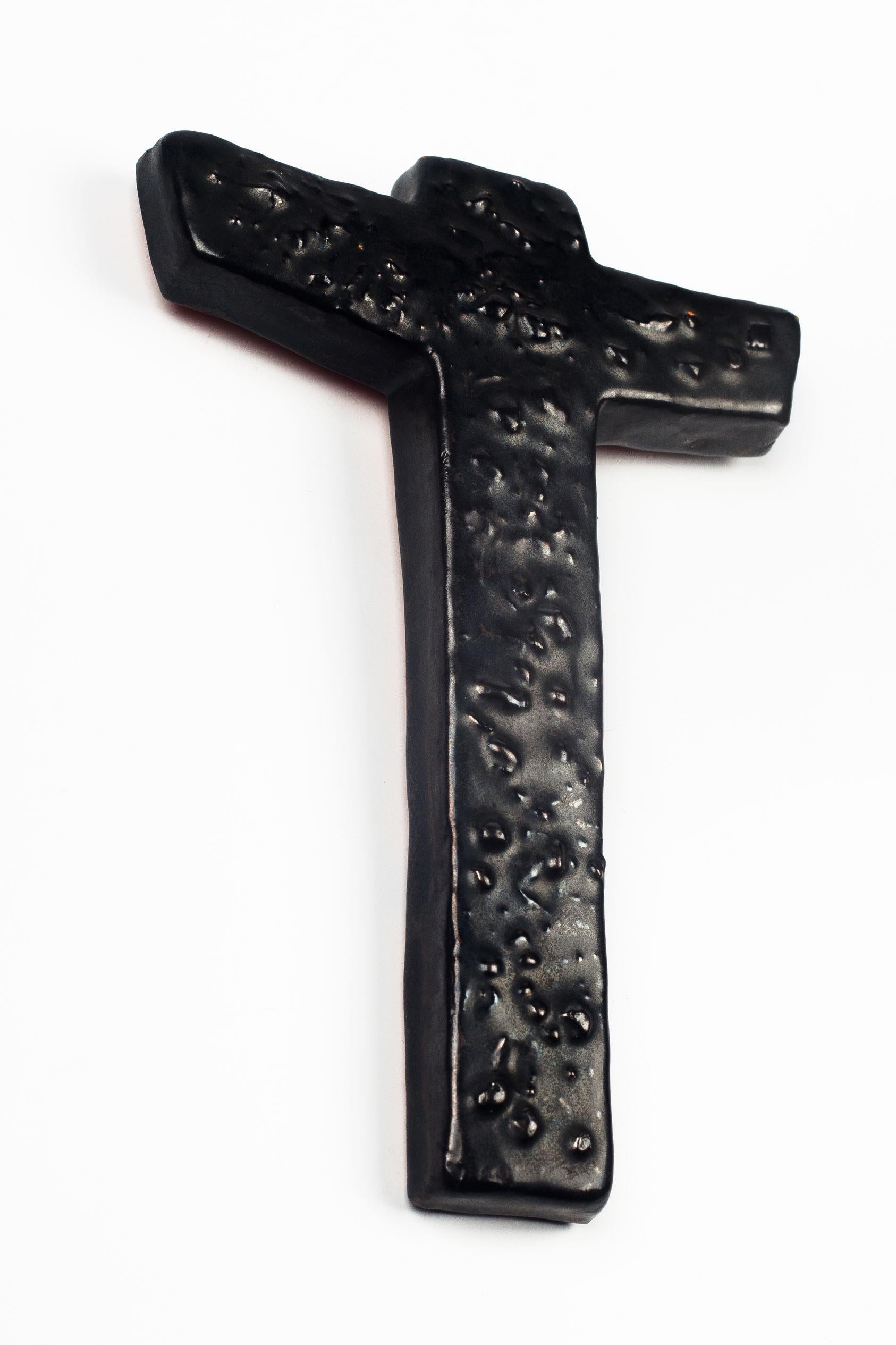 Late 20th Century European Crucifix, Textured Ceramic, Black, 1970s