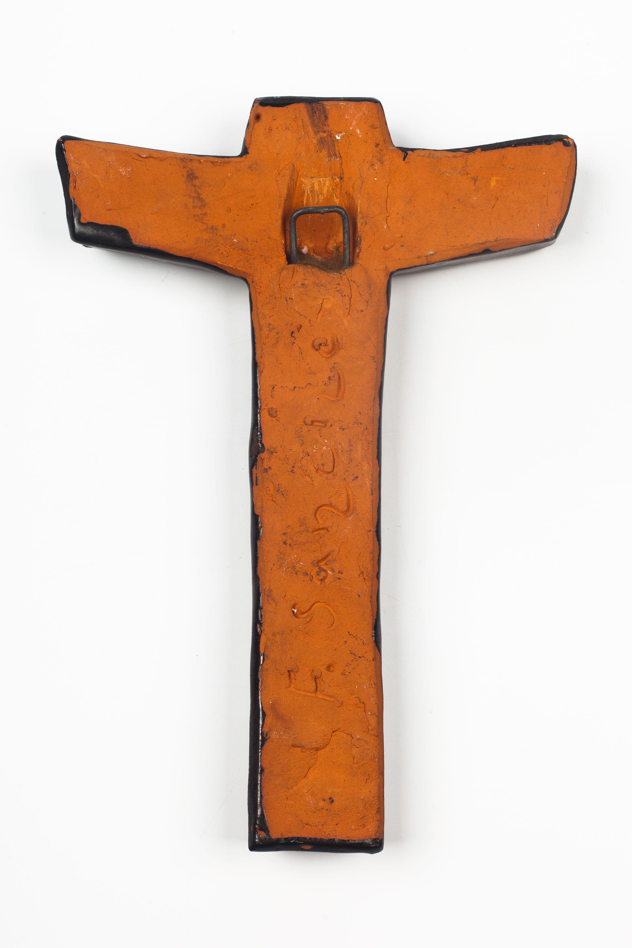 Clay European Crucifix, Textured Ceramic, Black, 1970s