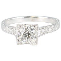 European Cut .67 Carat Center Diamond Engagement Ring Set in 18 Karat White Gold